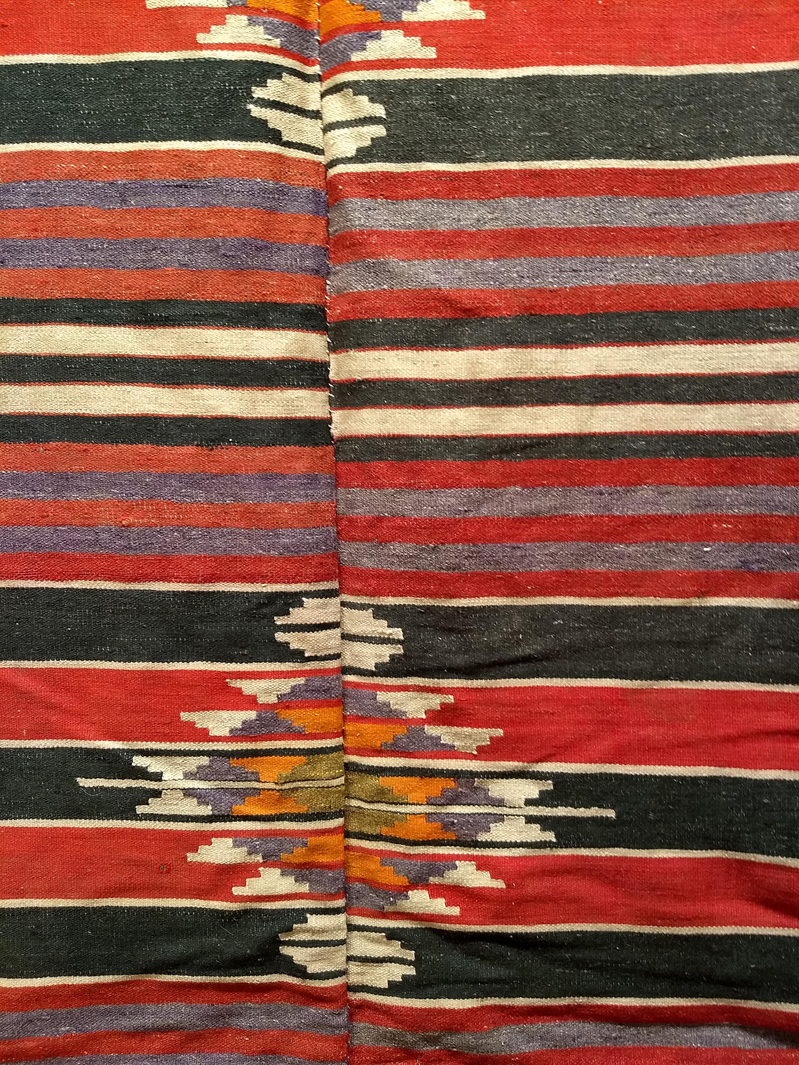 Vintage Southwestern Style Kilim in  Stripe Pattern in Burgundy, Lavender, Ivory In Good Condition For Sale In Barrington, IL