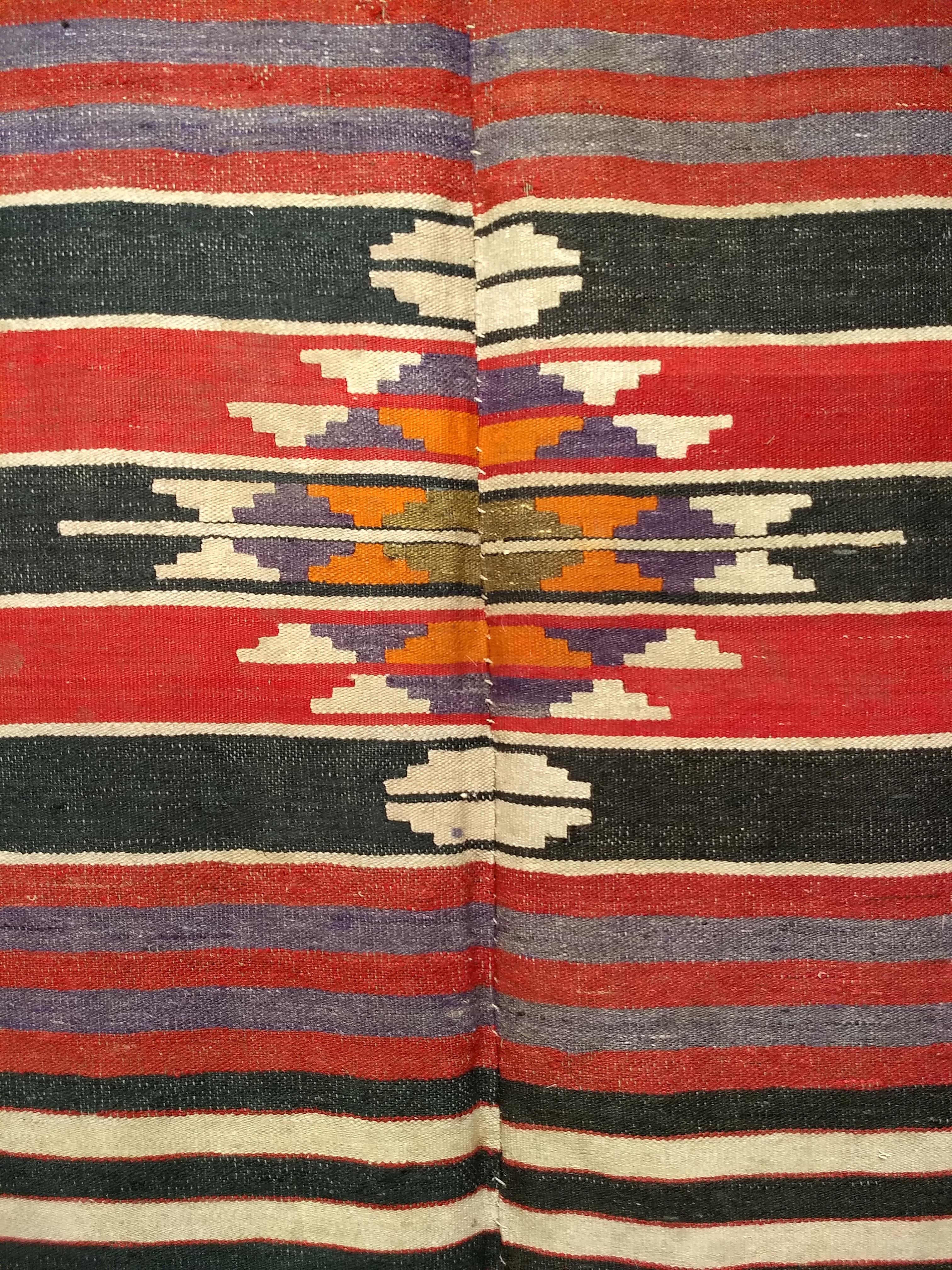 Wool Vintage Southwestern Style Kilim in  Stripe Pattern in Burgundy, Lavender, Ivory For Sale