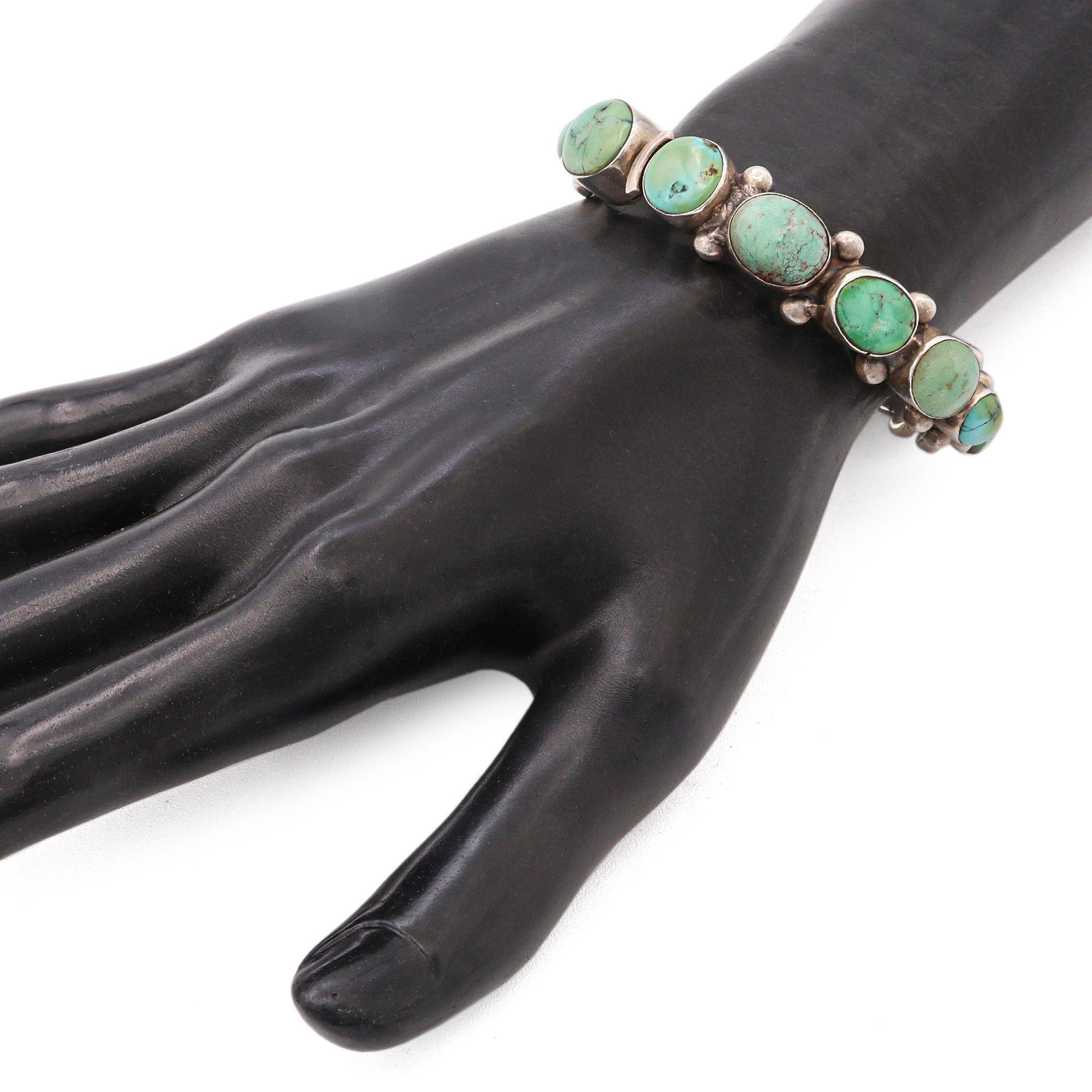 Cabochon Vintage Southwestern Style Sterling Silver Turquoise Hinged Bangle Bracelet For Sale