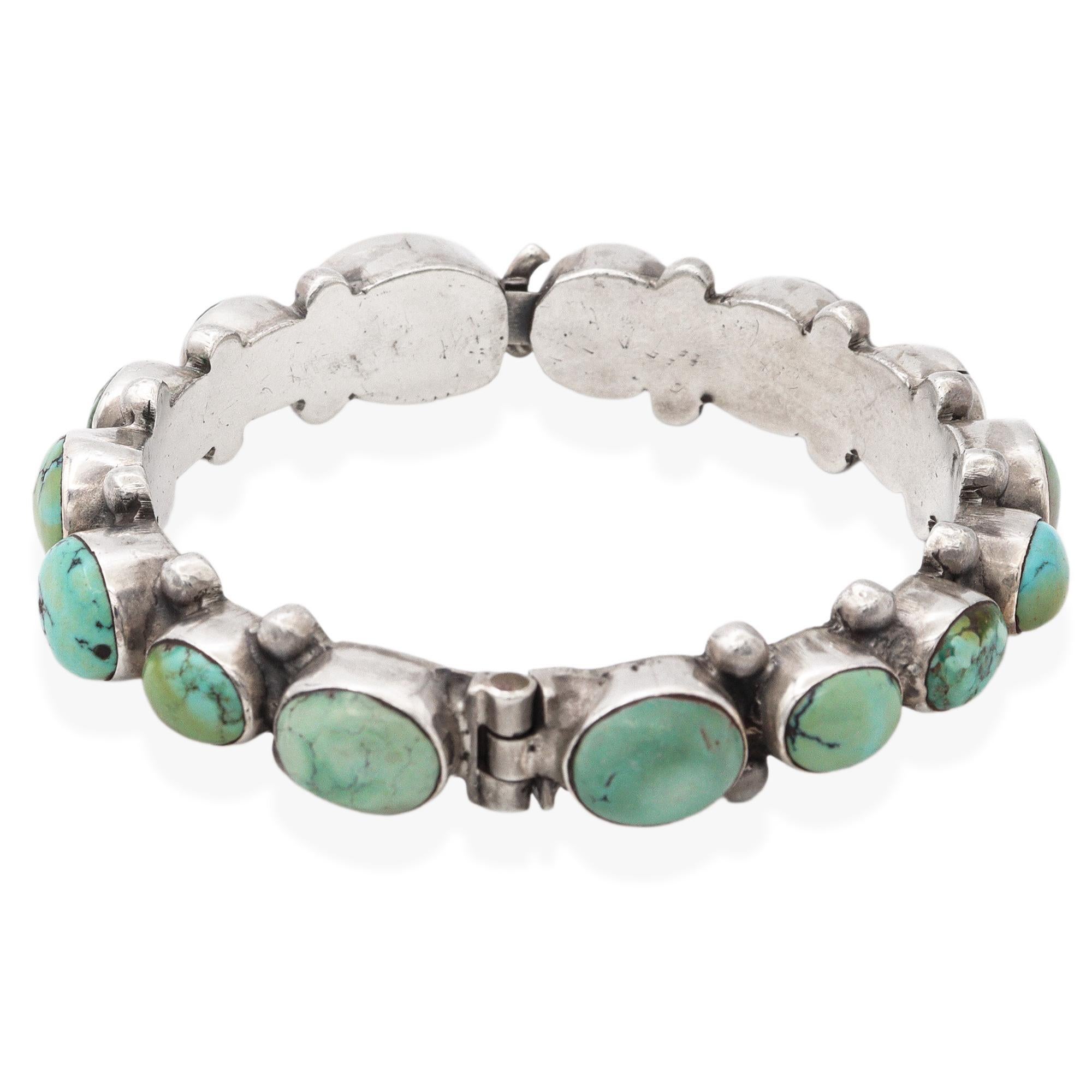 Women's or Men's Vintage Southwestern Style Sterling Silver Turquoise Hinged Bangle Bracelet For Sale