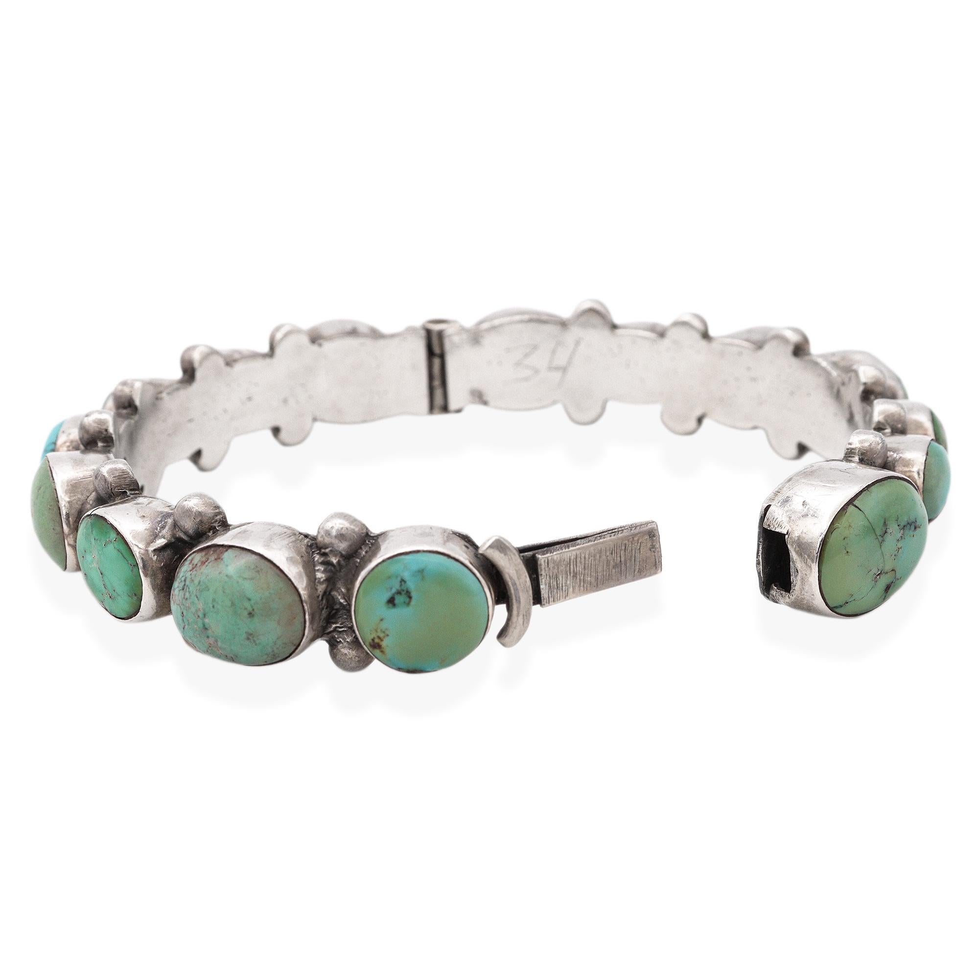 Vintage Southwestern Style Sterling Silver Turquoise Hinged Bangle Bracelet For Sale 1