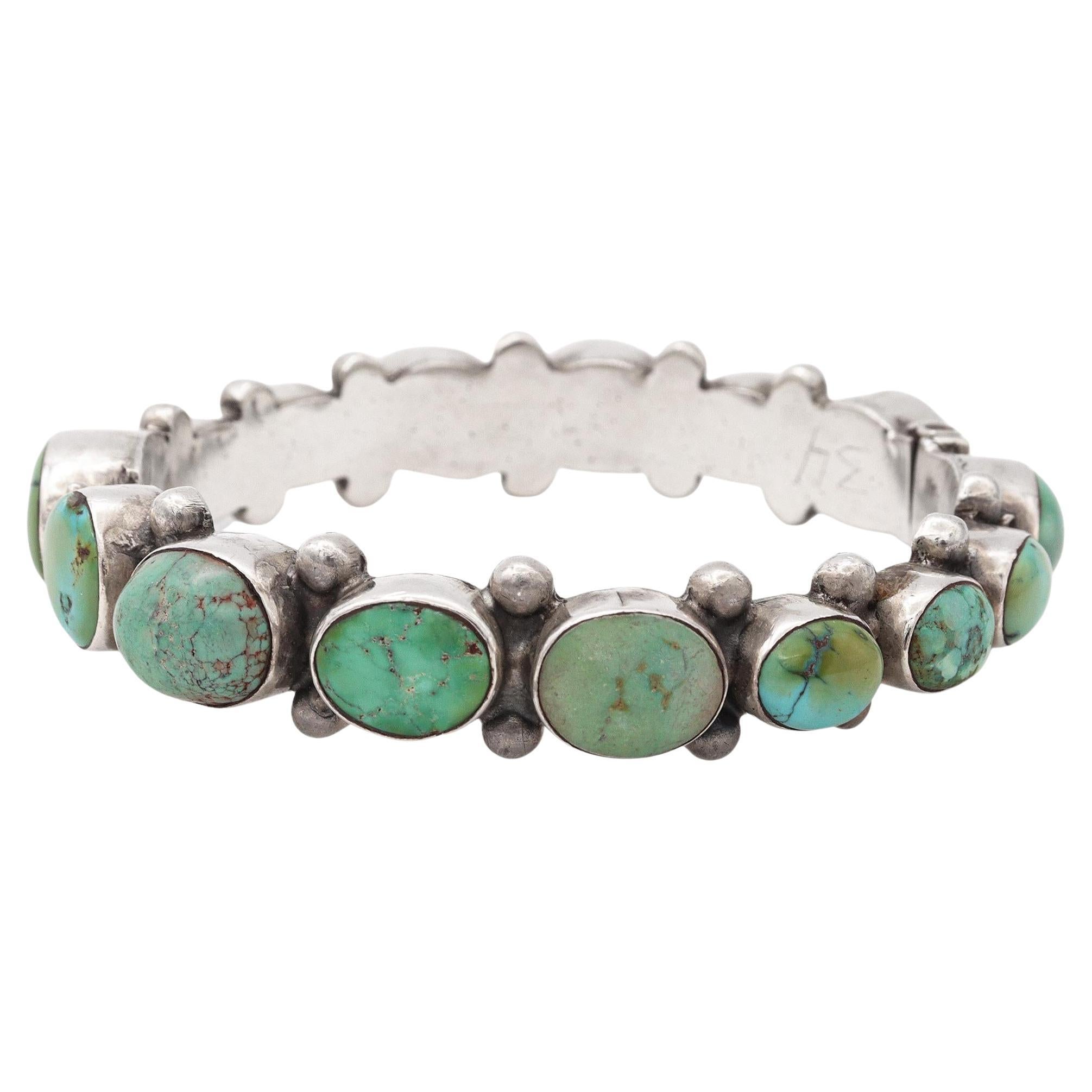 Vintage Southwestern Style Sterling Silver Turquoise Hinged Bangle Bracelet For Sale