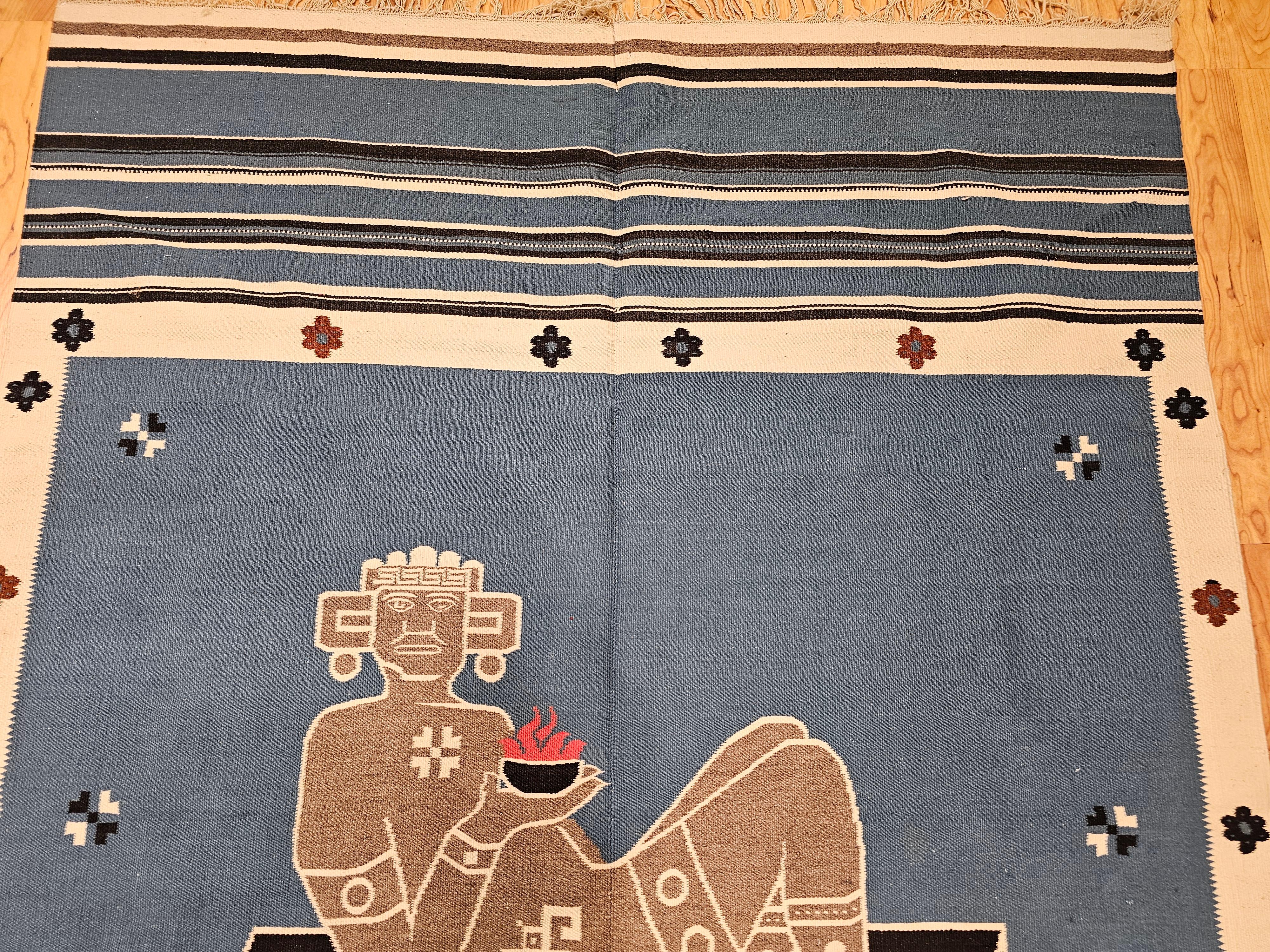 Alfombra Kilim Vintage Texcoco de Tejido Plano del Suroeste en Azul Real y Motivo Deidad en venta 3