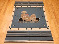 Vintage Southwestern Texcoco Flat-Woven Kilim Rug in Royal Blue and Deity Motif