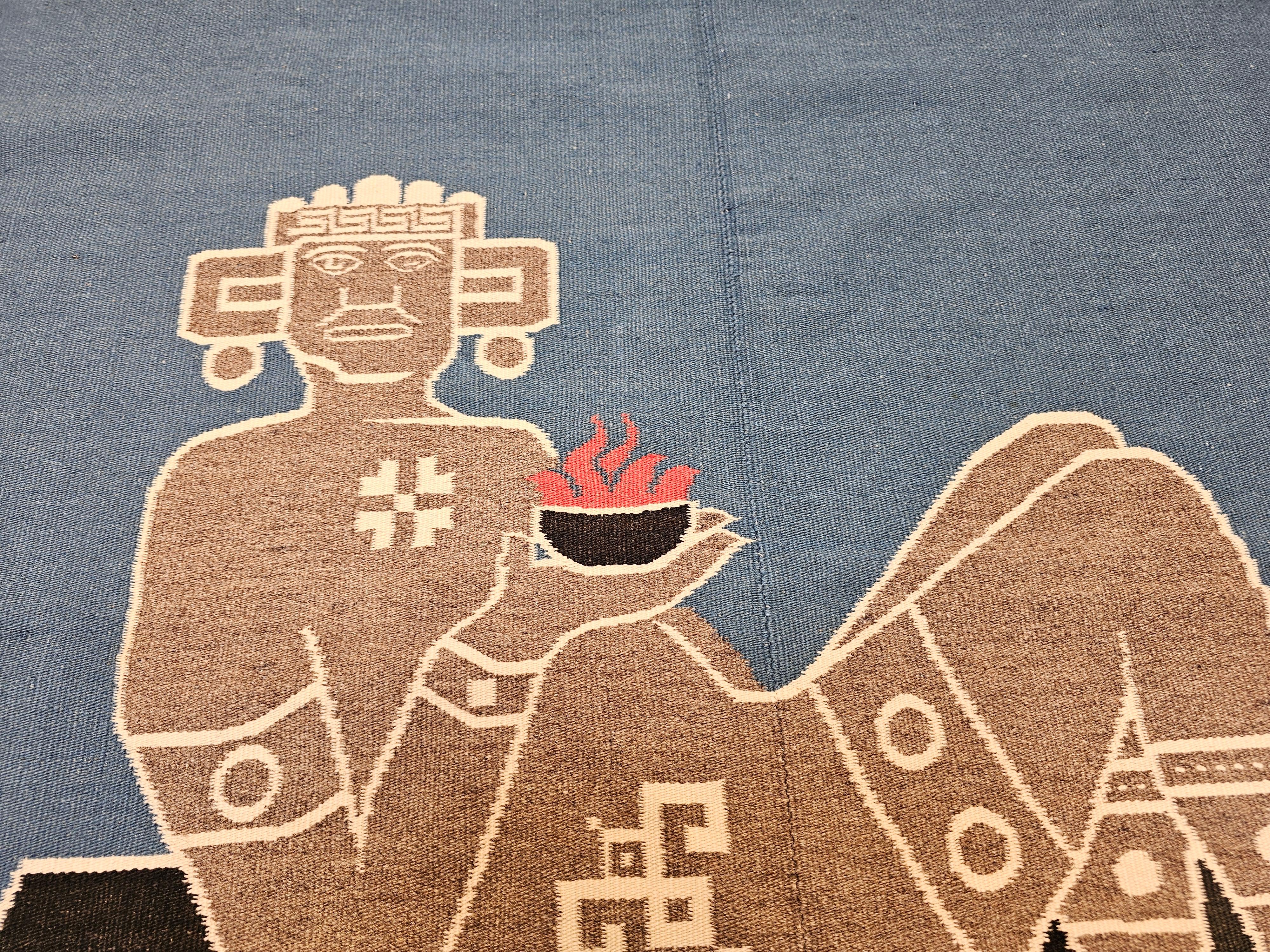Alfombra Kilim Vintage Texcoco de Tejido Plano del Suroeste en Azul Real y Motivo Deidad en venta 1