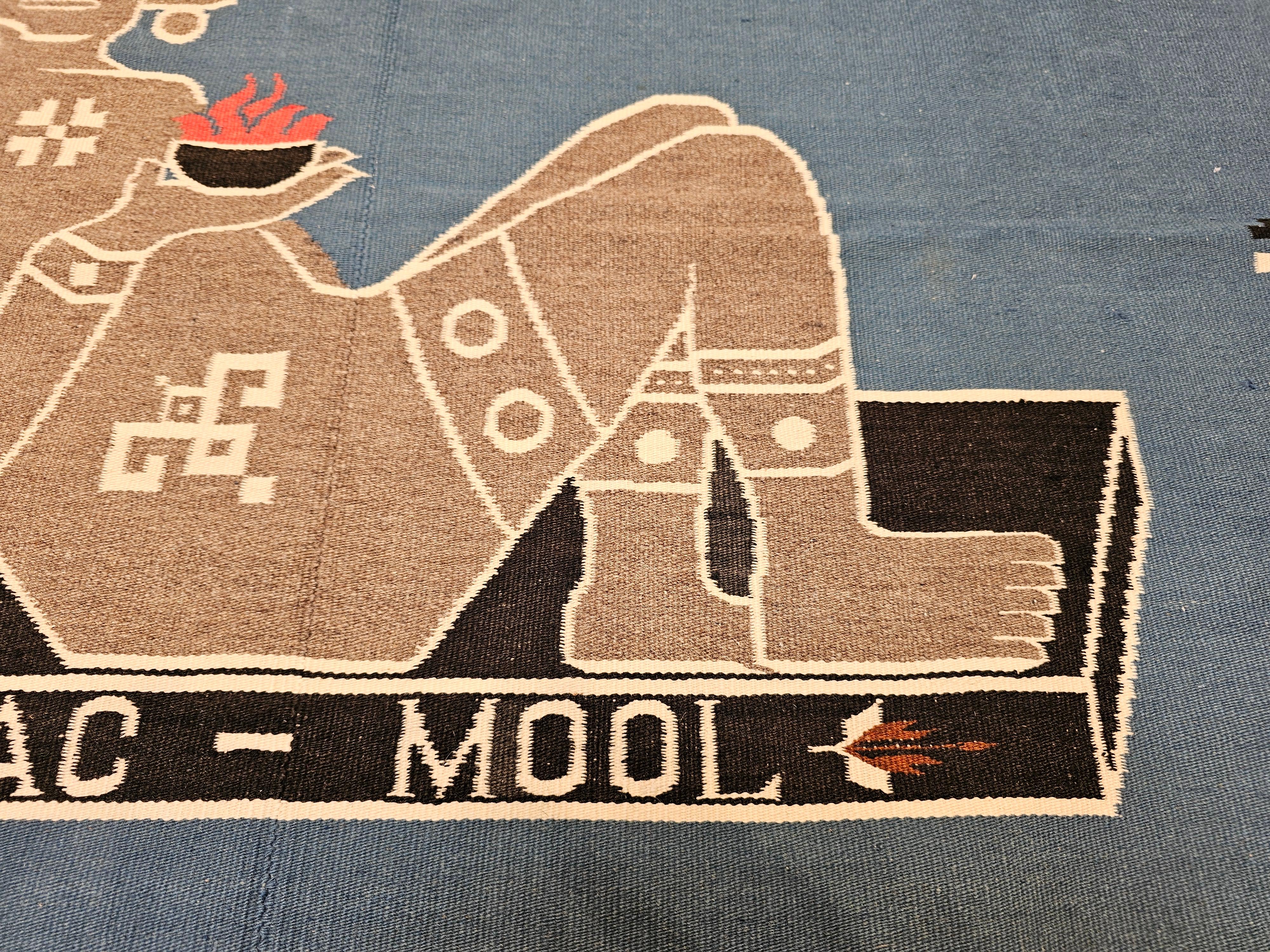 Alfombra Kilim Vintage Texcoco de Tejido Plano del Suroeste en Azul Real y Motivo Deidad en venta 2