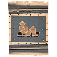 Vintage Southwestern Texcoco Flat-Woven Kilim Rug in Royal Blue and Deity Motif