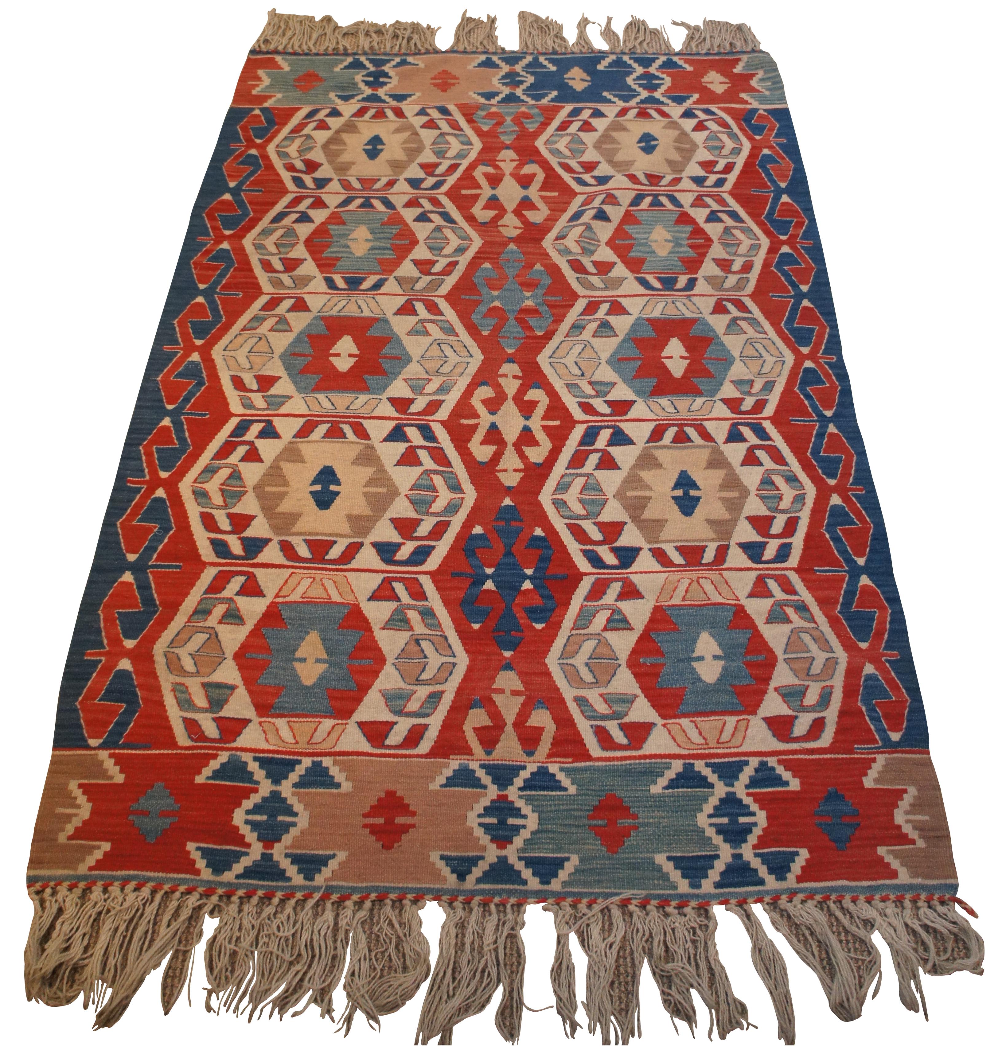 Vintage Southwestern Turkish Red & Blue Wool Flat Weave Kilim Rug Carpet In Good Condition For Sale In Dayton, OH