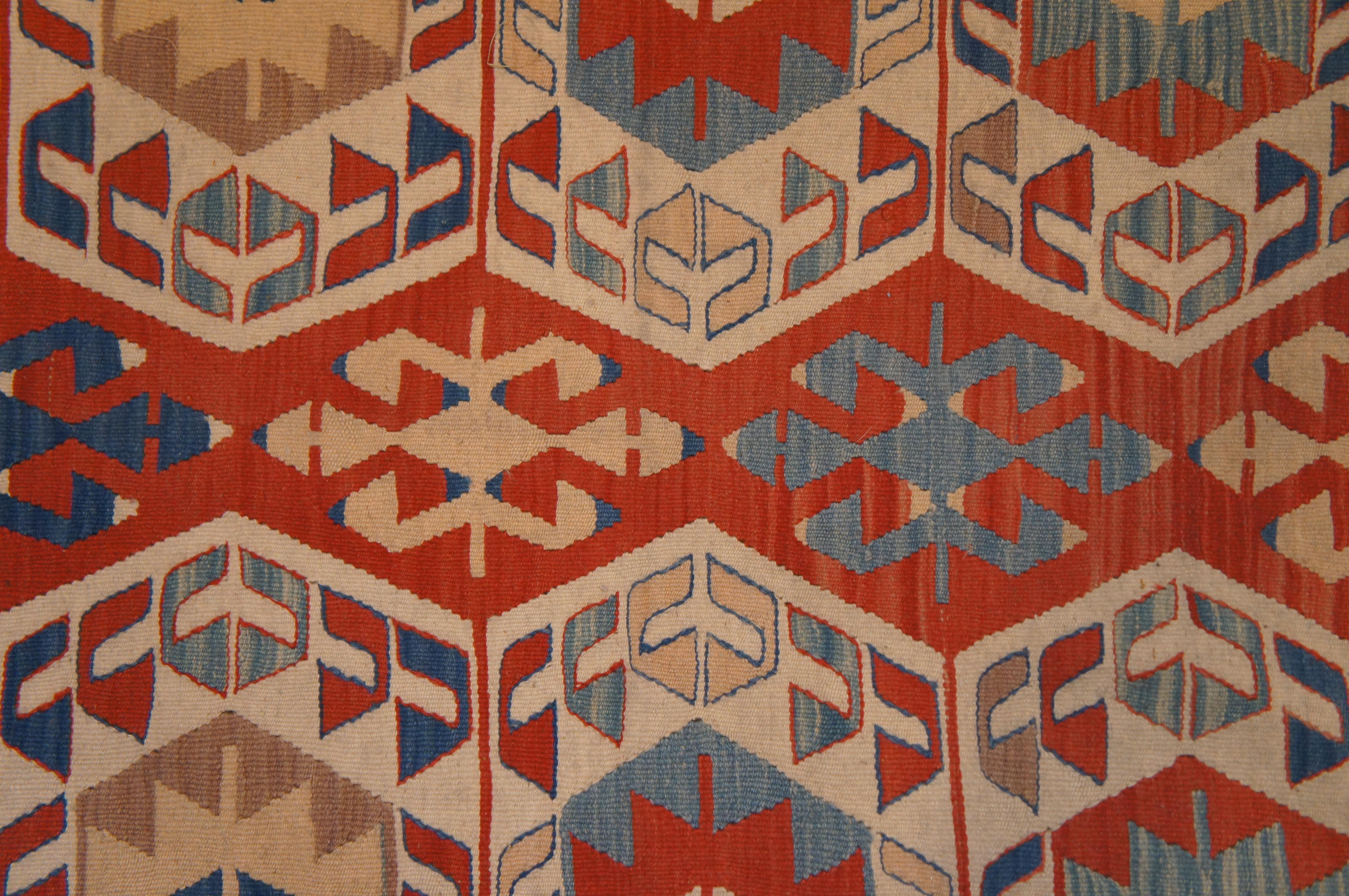 20th Century Vintage Southwestern Turkish Red & Blue Wool Flat Weave Kilim Rug Carpet For Sale