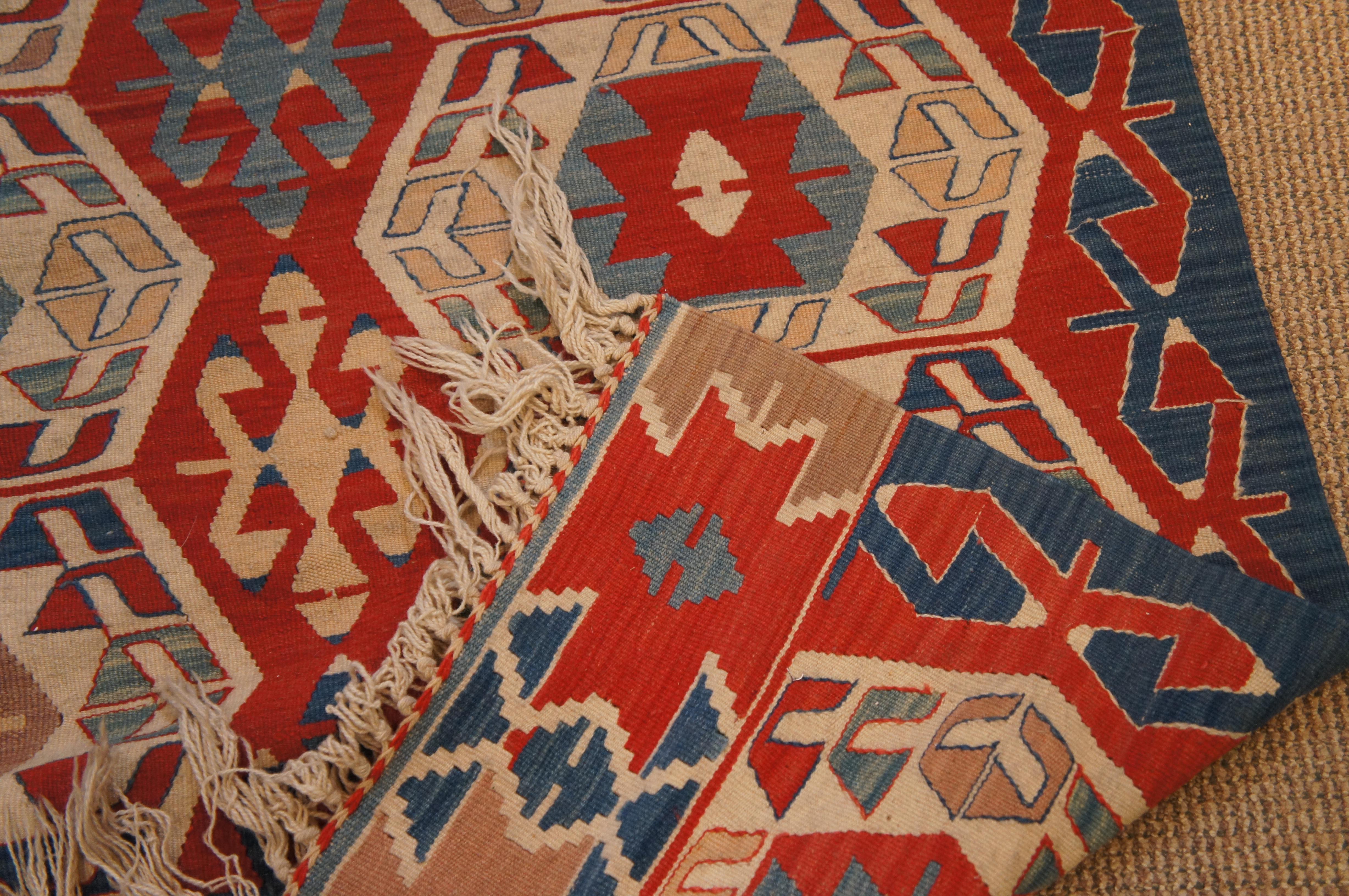 Vintage Southwestern Turkish Red & Blue Wool Flat Weave Kilim Rug Carpet For Sale 5