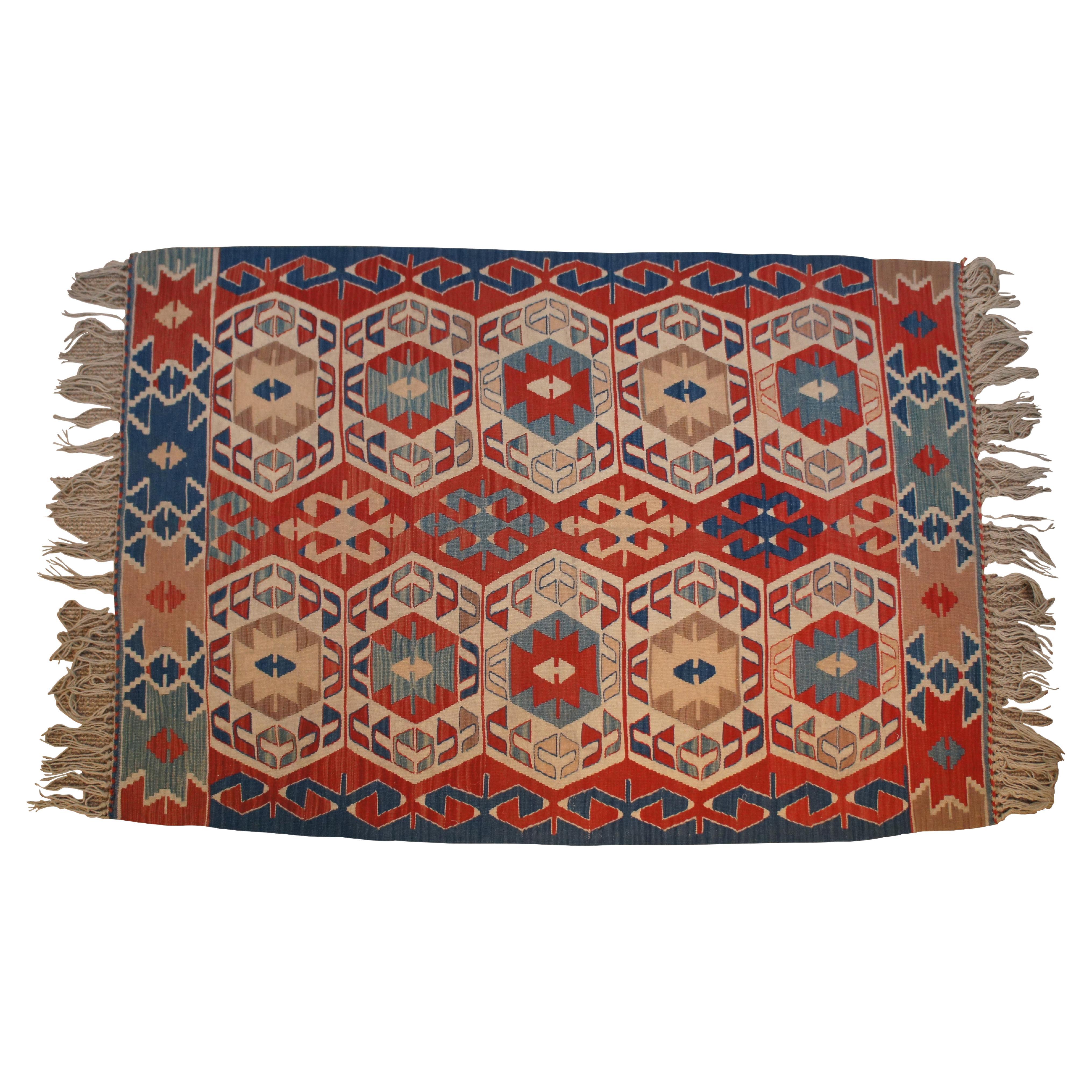 Vintage Southwestern Turkish Red & Blue Wool Flat Weave Kilim Rug Carpet