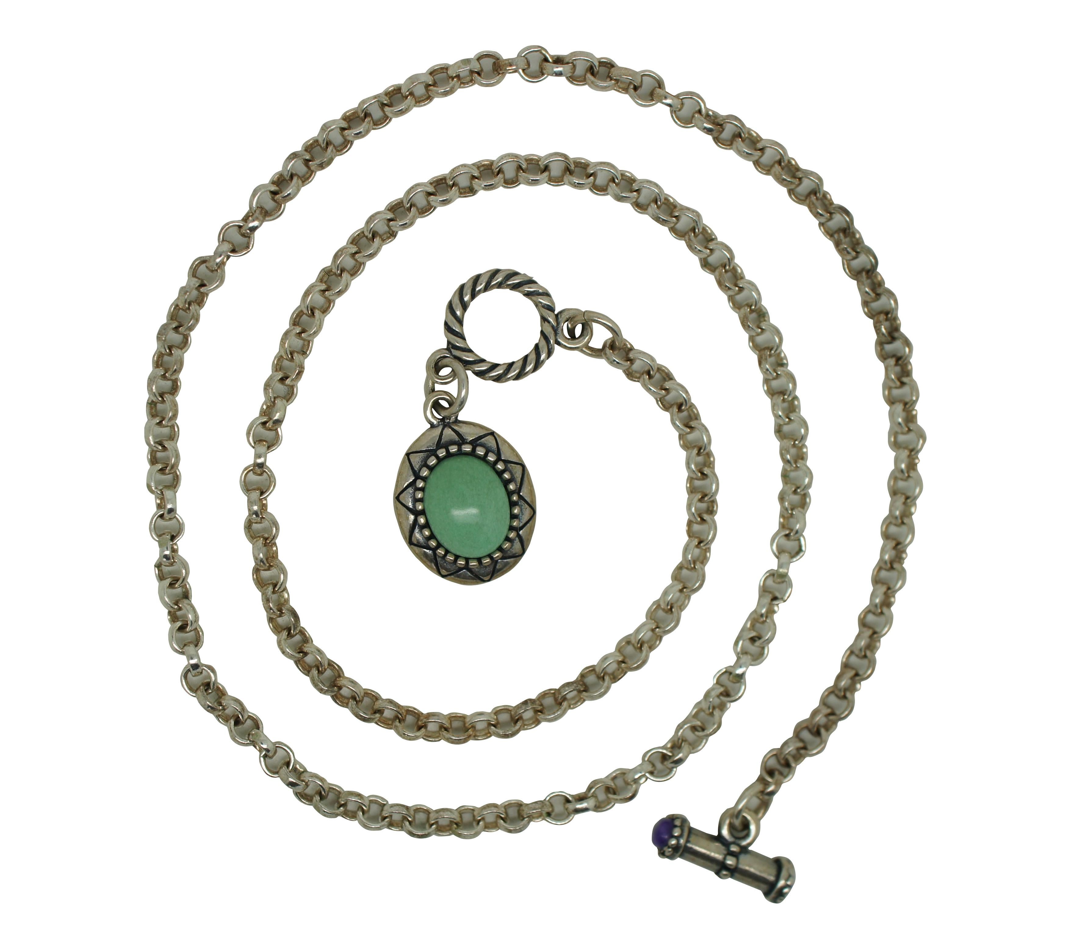 Vintage Southwestern style sterling silver 925 belcher / rolo designer chain pendant necklace or watch chain with amethyst accents on the toggle and sun shaped light green turquoise stone on the fob.

19” x 0.5” (Length x Width) / 16.2 g.