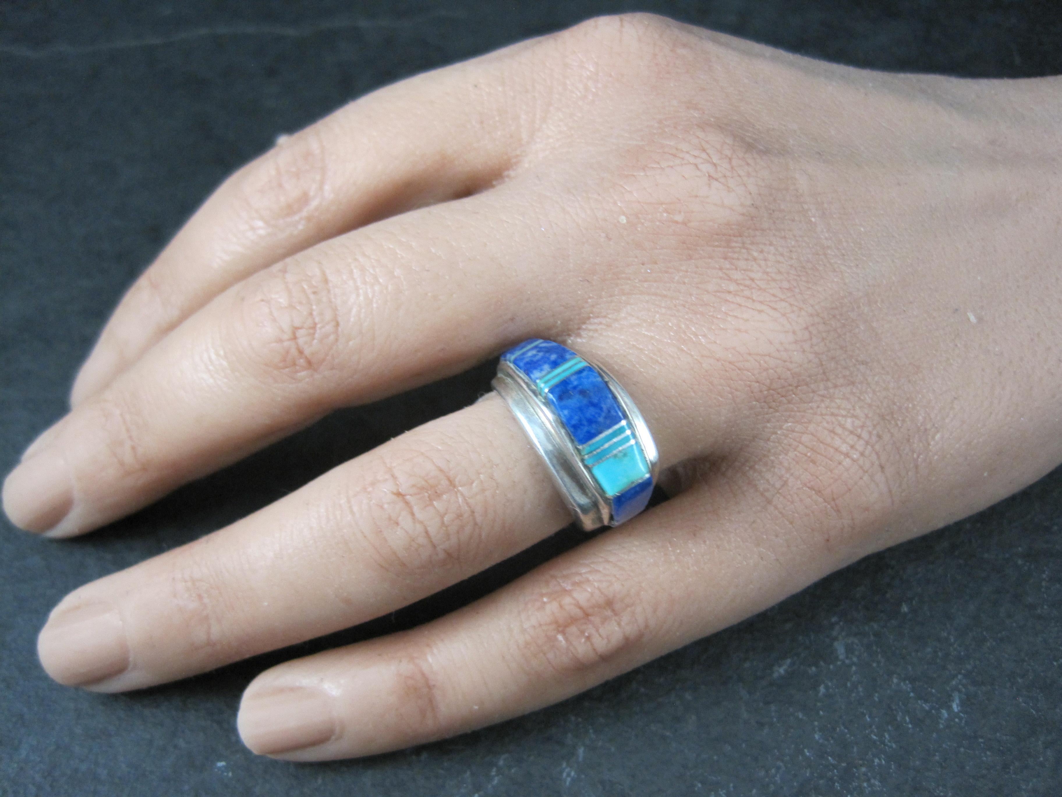 Vintage Southwestern Türkis und Lapislazuli erhabenen Inlay Ring Größe 6 im Angebot 4