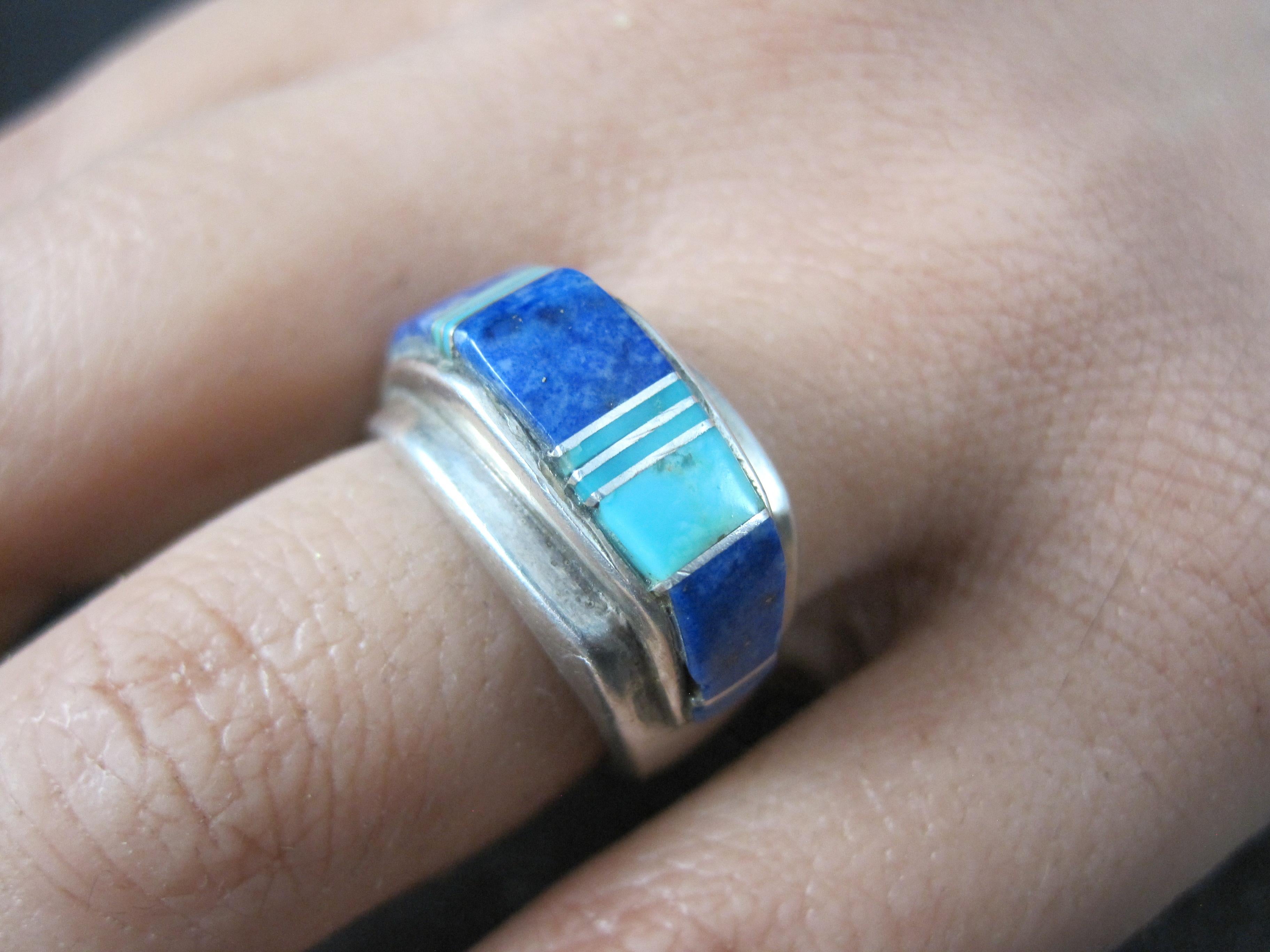 Vintage Southwestern Türkis und Lapislazuli erhabenen Inlay Ring Größe 6 im Angebot 5