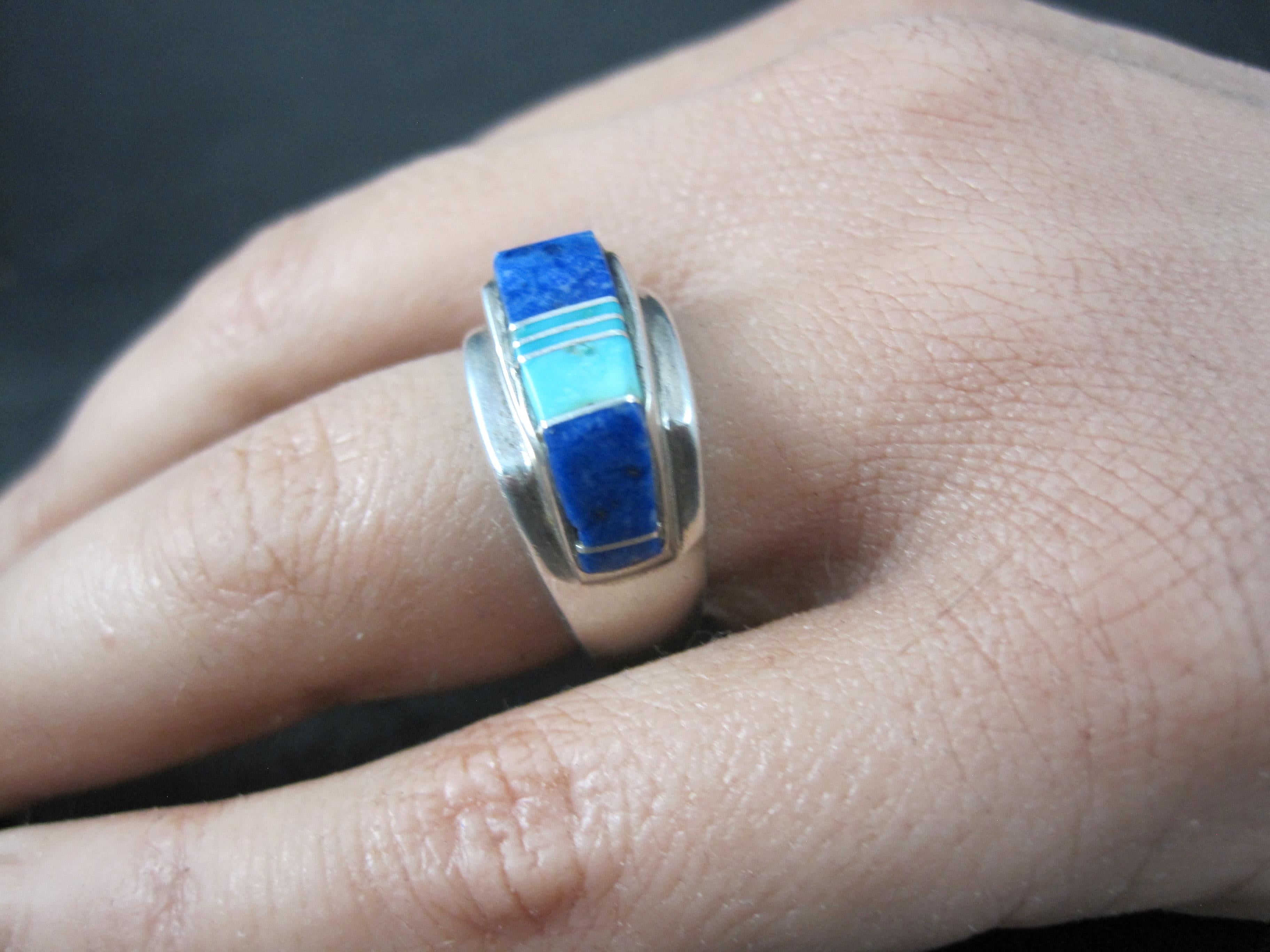 Vintage Southwestern Türkis und Lapislazuli erhabenen Inlay Ring Größe 6 im Angebot 6