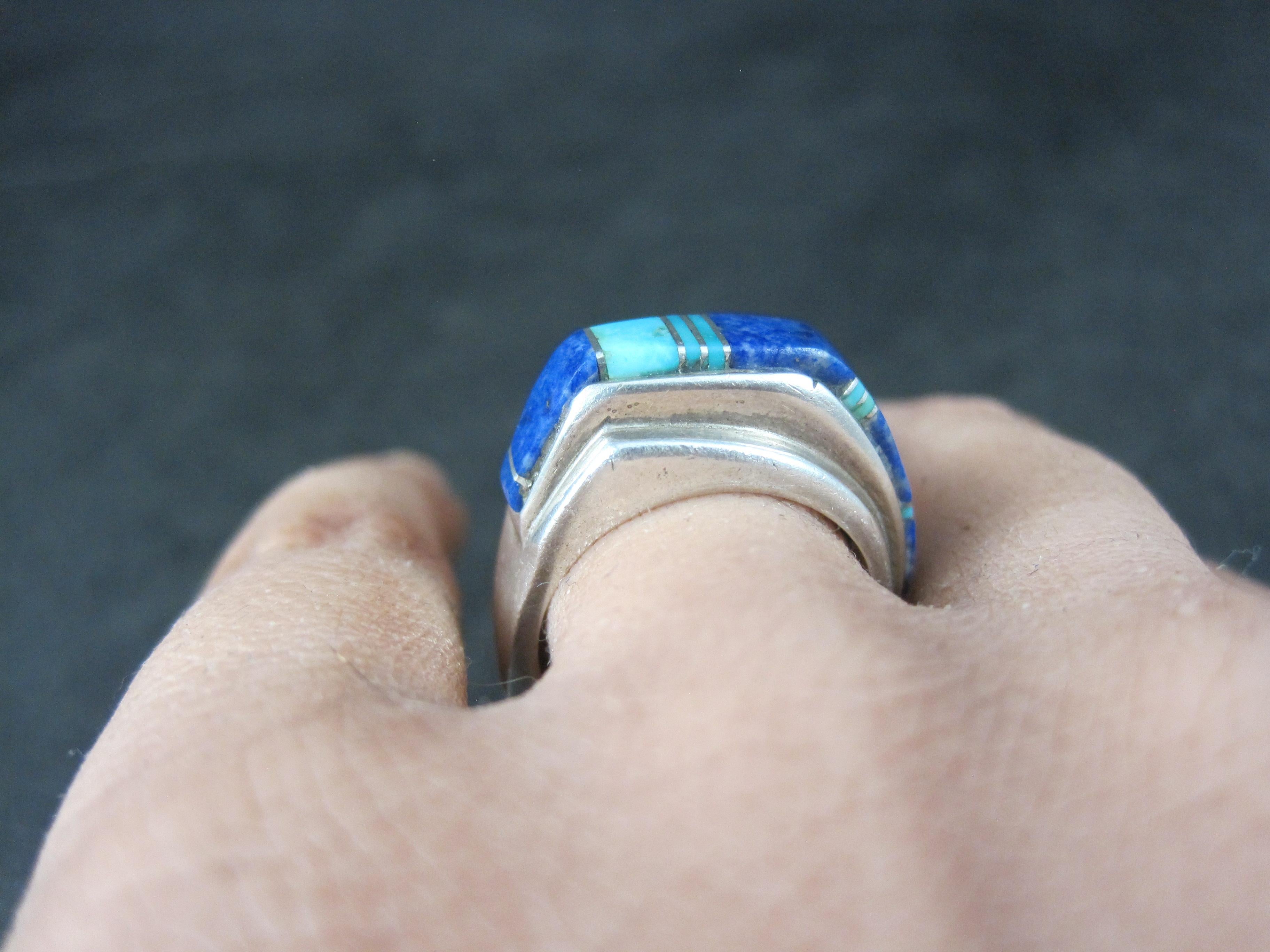 Vintage Southwestern Türkis und Lapislazuli erhabenen Inlay Ring Größe 6 im Angebot 7