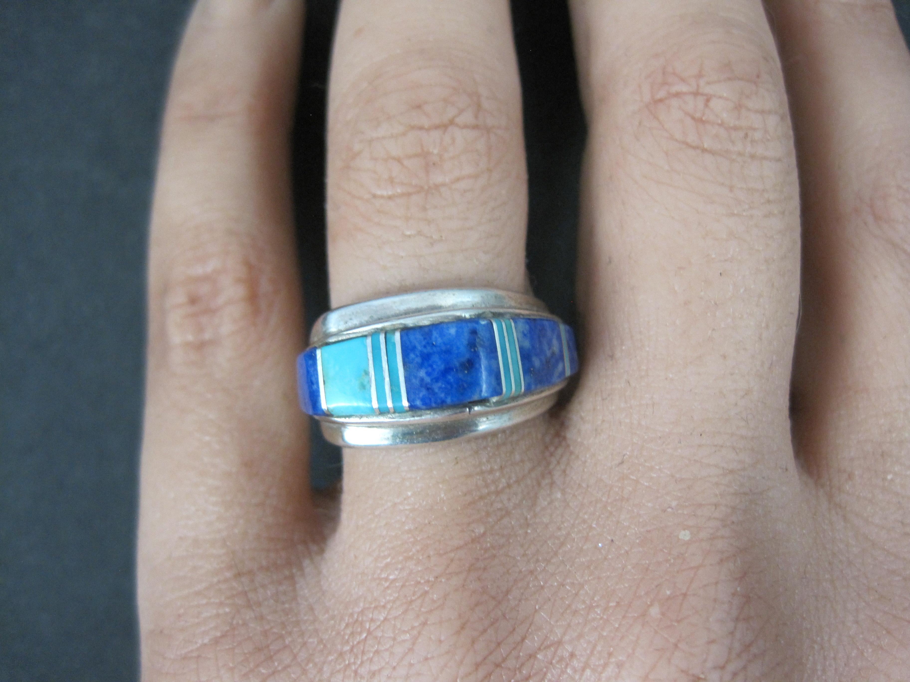 Vintage Southwestern Türkis und Lapislazuli erhabenen Inlay Ring Größe 6 im Angebot 9