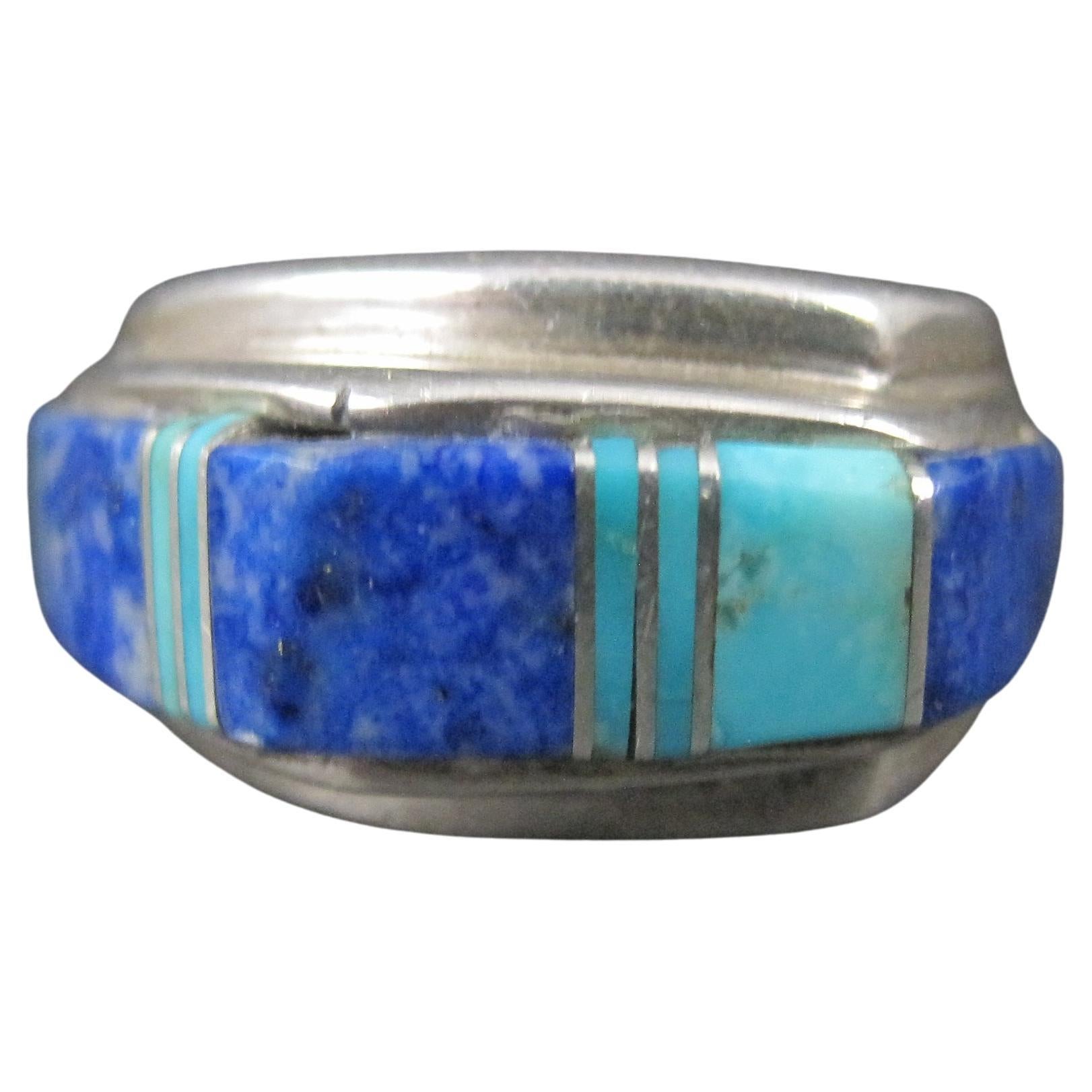 Vintage Southwestern Turquoise and Lapis Lazuli Raised Inlay Ring Size 6