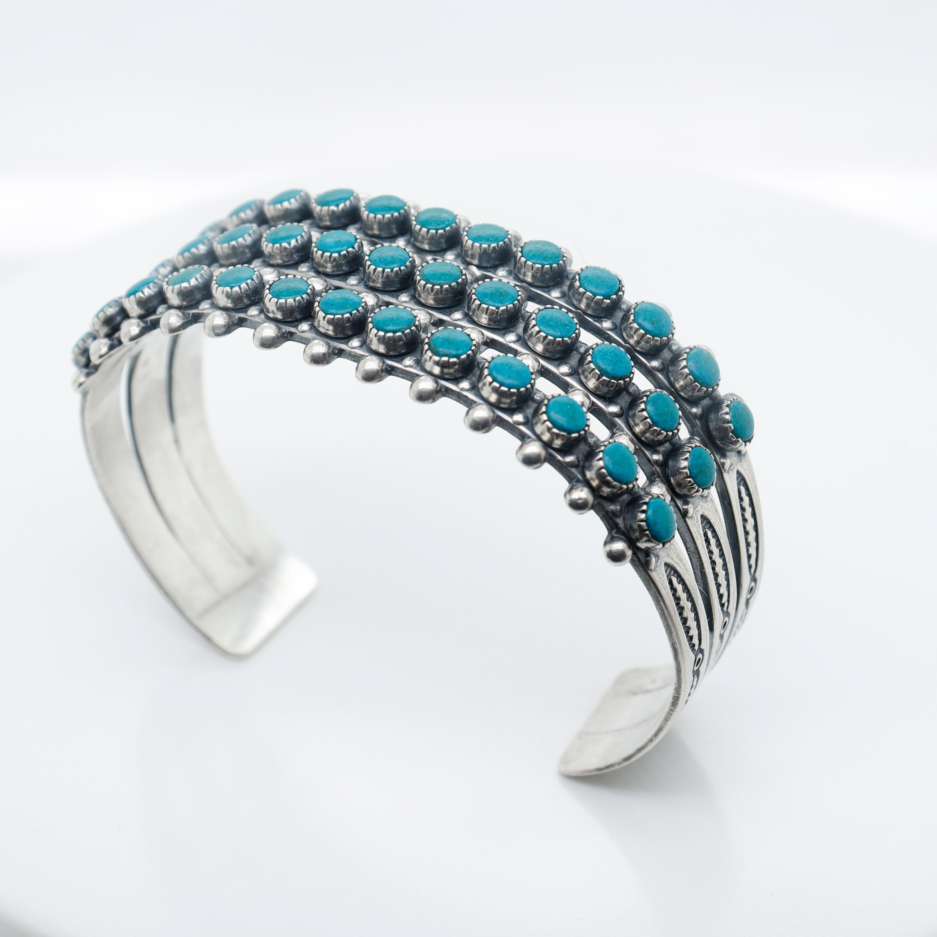 Women's or Men's Vintage Southwestern Zuni Turquoise Cabochon Sterling Silver Cuff Bracelet For Sale