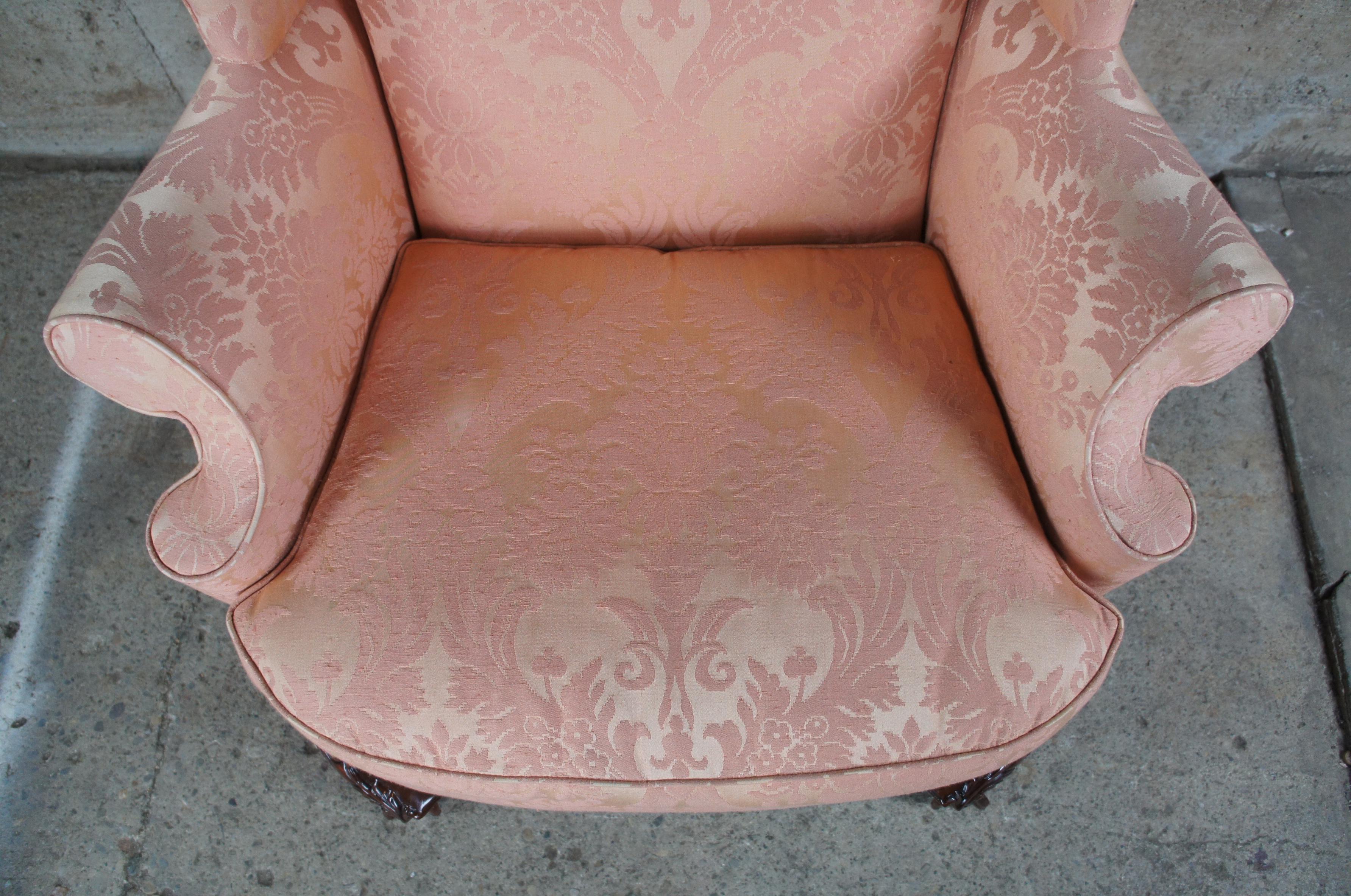 20th Century Vintage Southwood Chippendale Mahogany Damask Wingback Armchair Club Library
