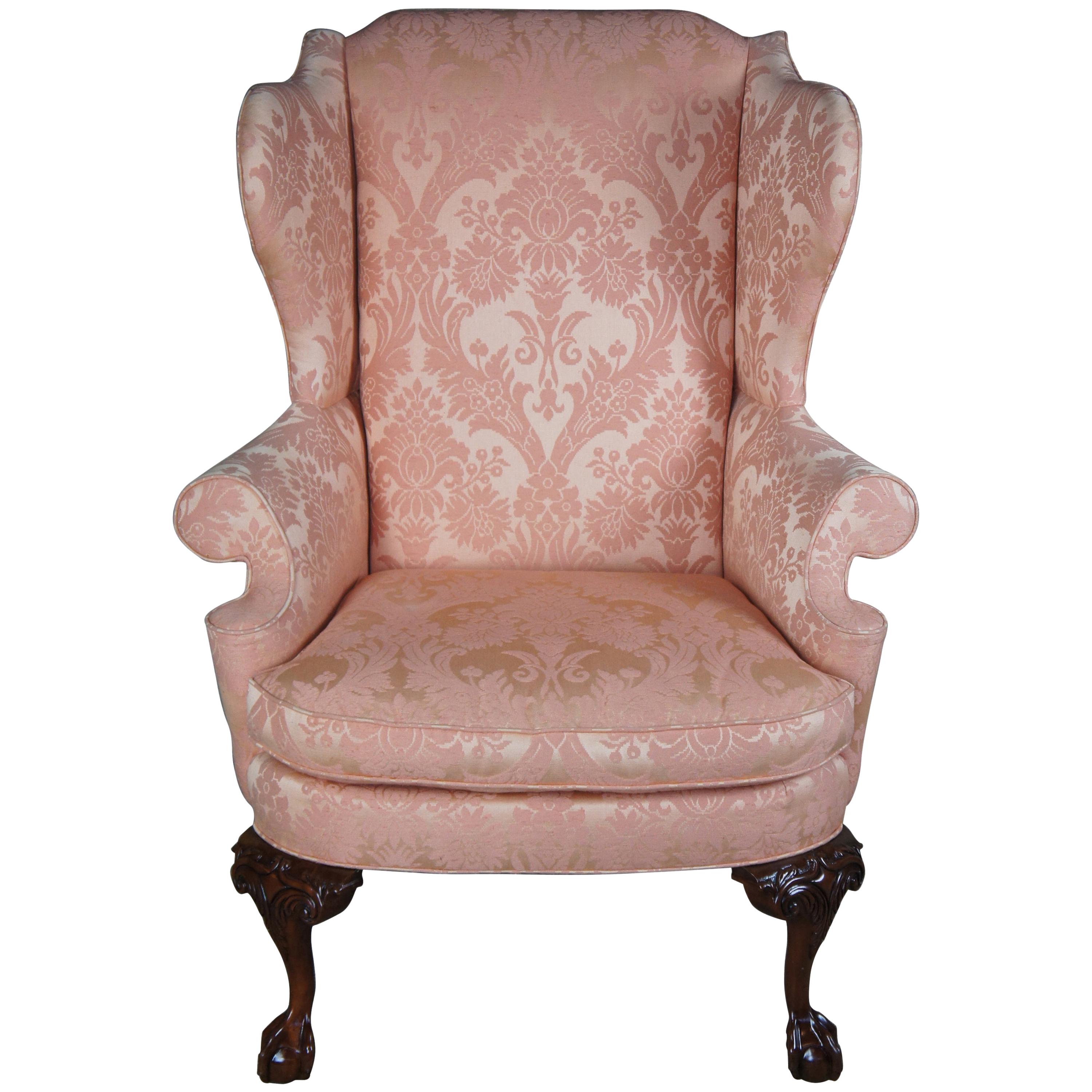 Vintage Southwood Chippendale Mahogany Damask Wingback Armchair Club Library
