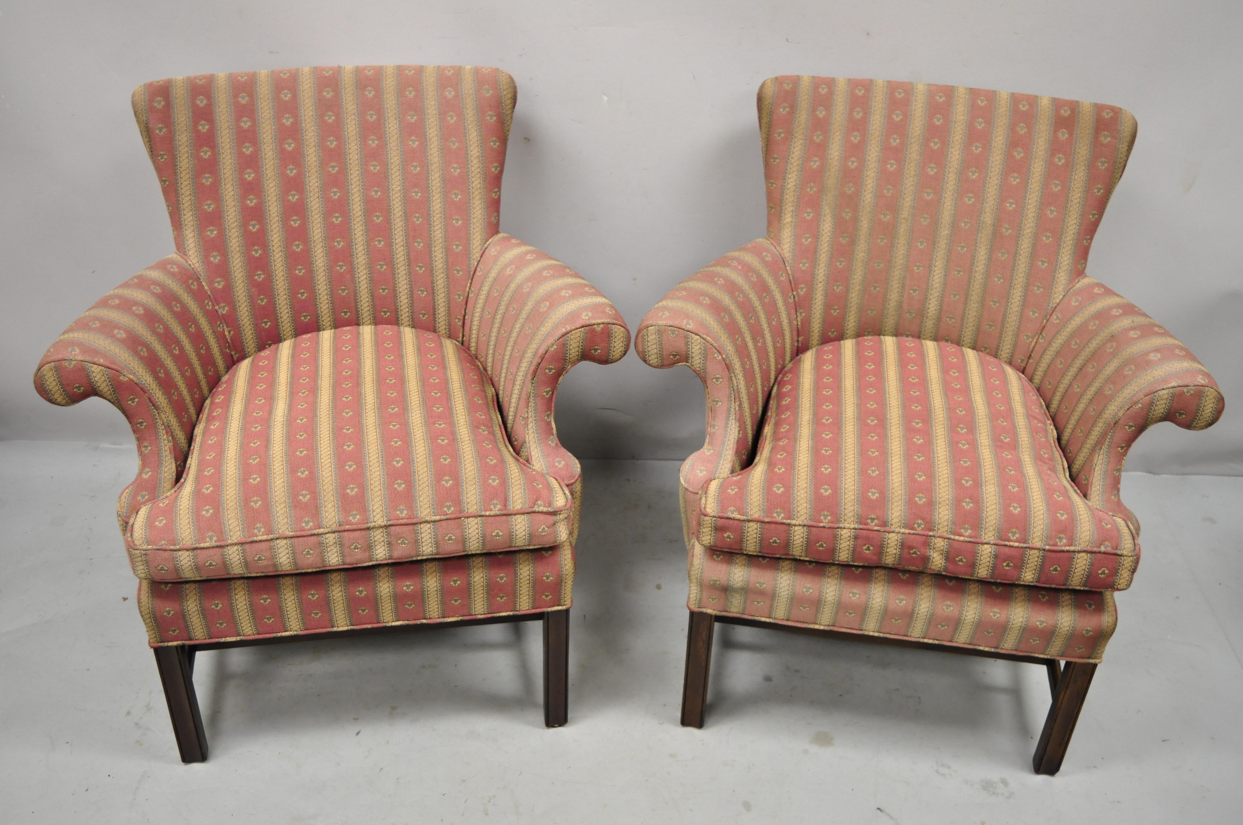 Vintage Southwood Mahogany Upholstered Chippendale Lounge Club Chairs, a Pair 4