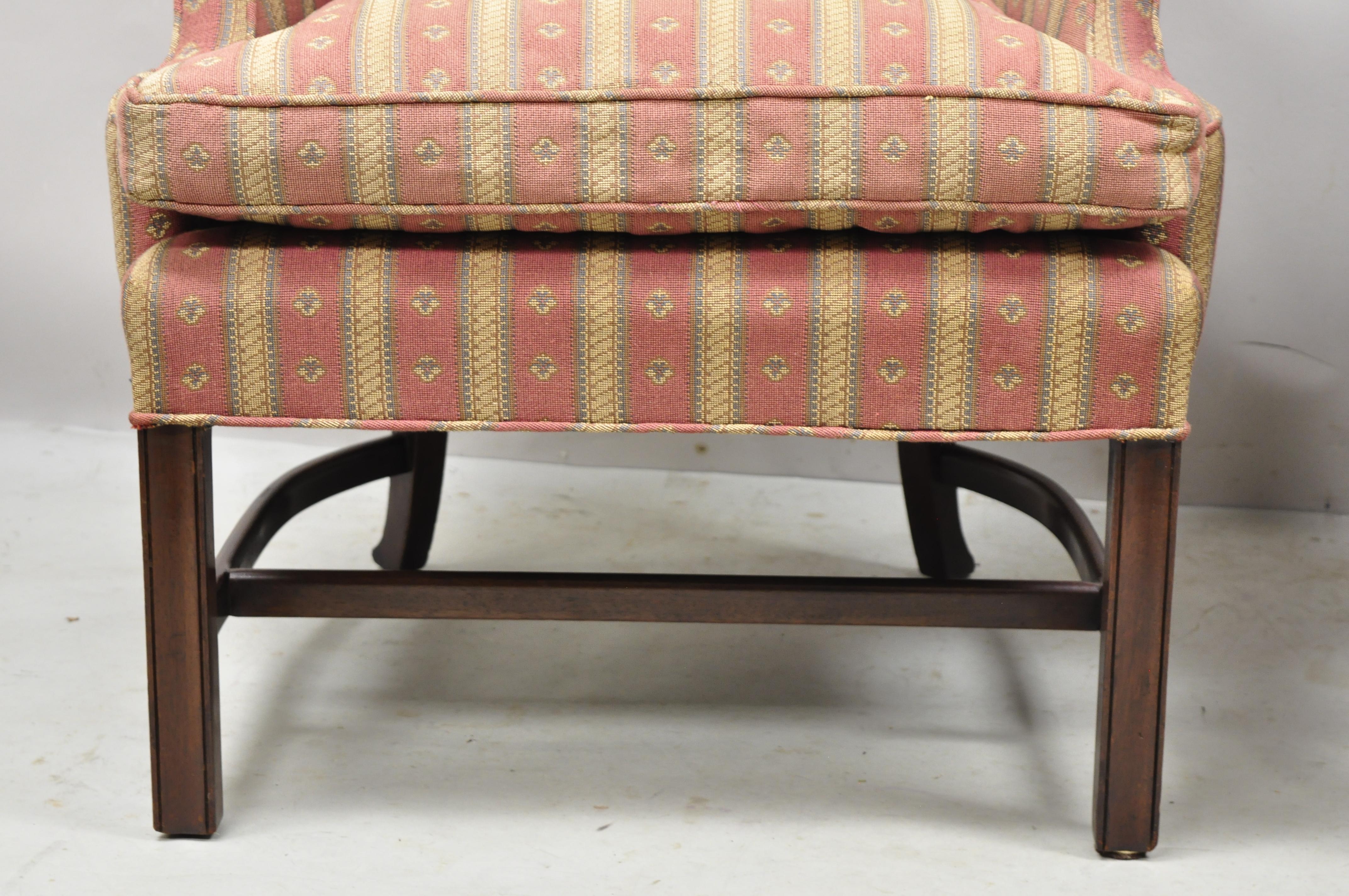 North American Vintage Southwood Mahogany Upholstered Chippendale Lounge Club Chairs, a Pair