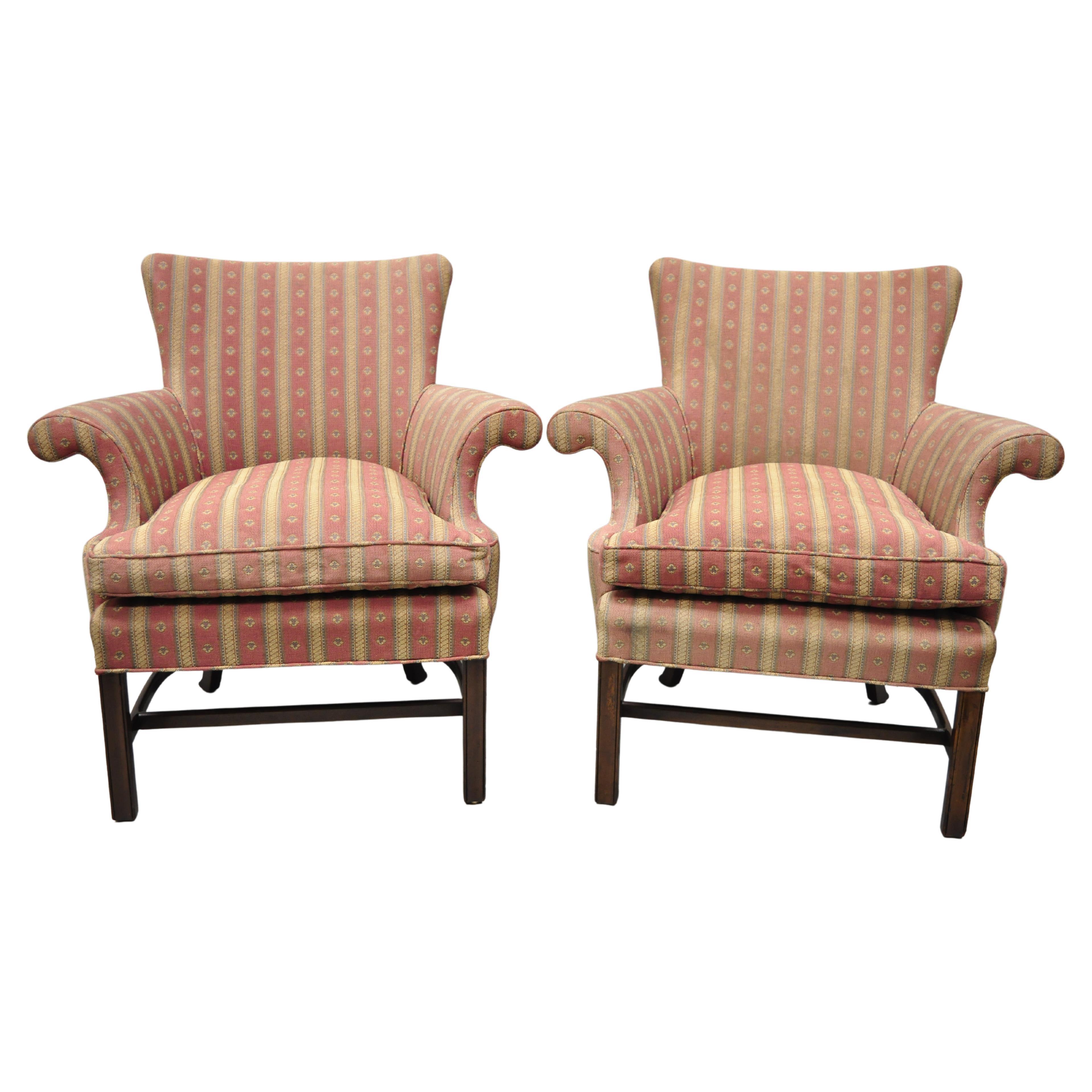 Vintage Southwood Mahogany Upholstered Chippendale Lounge Club Chairs, a Pair