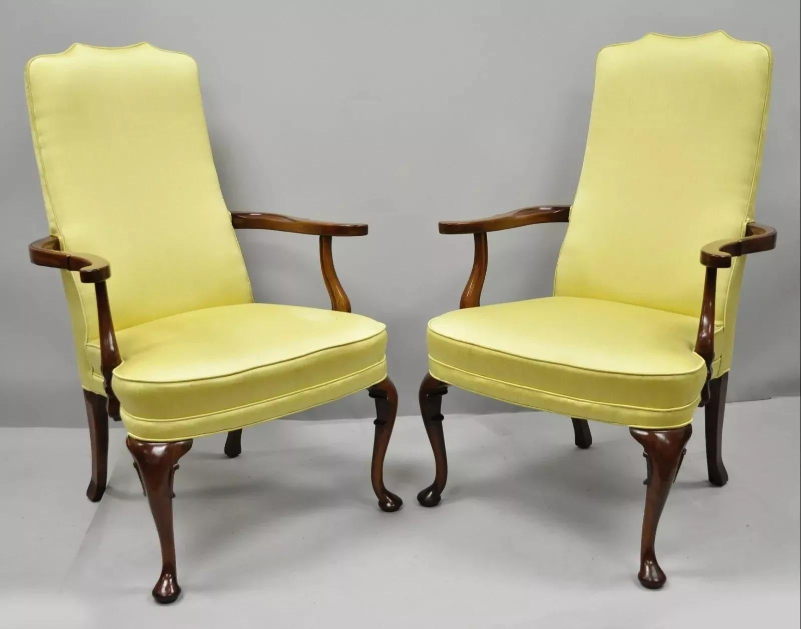 Pair of Southwood Queen Anne Style Mahogany Library Armchairs Living Room Chairs. Item features gold/ yellow upholstery, Queen Anne legs, scrolling arms, very comfortable form, solid wood construction, beautiful wood grain, original label, quality