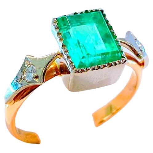 Goldring aus dem sowjetischen Lap-Stil mit Smaragd und Diamant 1