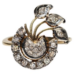 Retro 18k Gold Natural Diamond Decorated Flowers Style Ring 