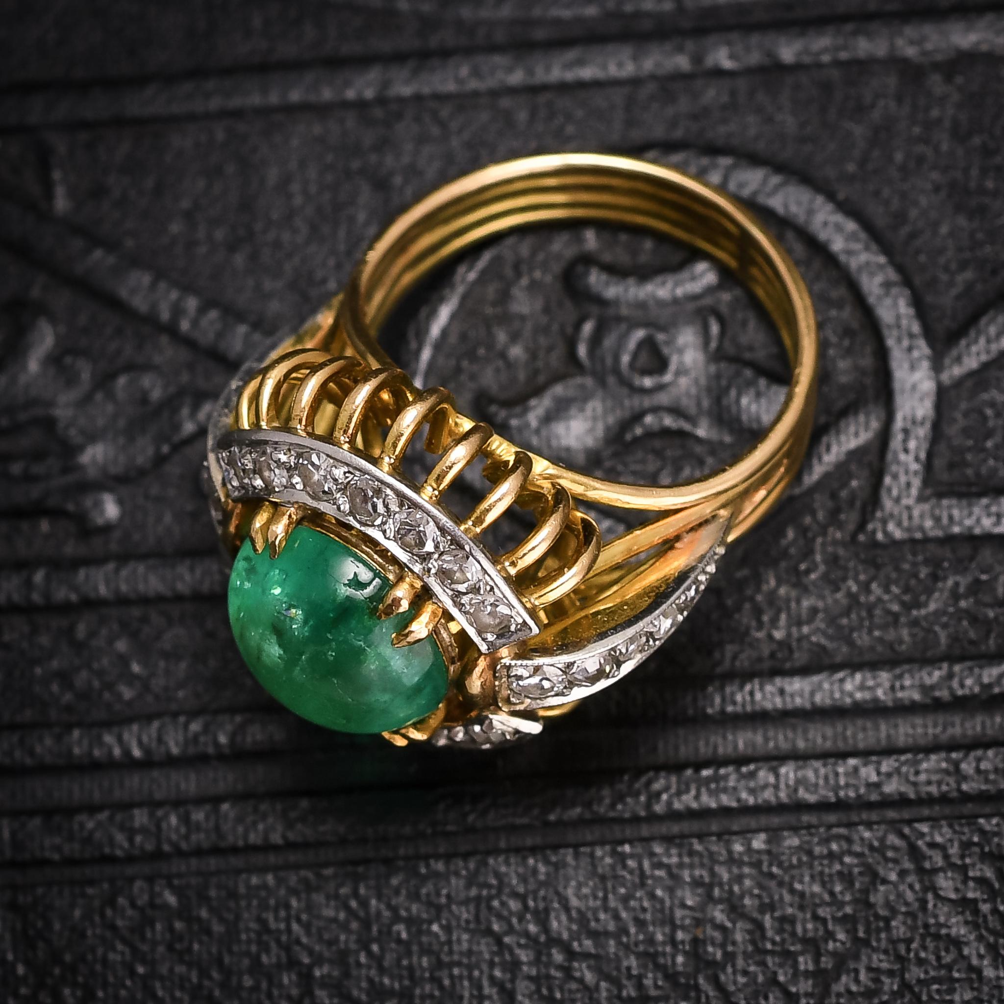 Vintage Space Age Cabochon Emerald Diamond Cocktail Ring 1