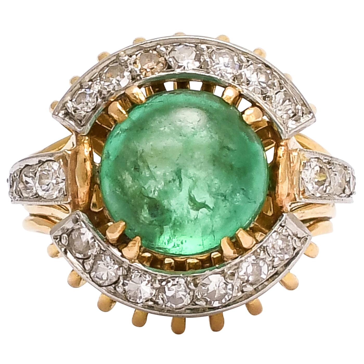Vintage Space Age Cabochon Emerald Diamond Cocktail Ring