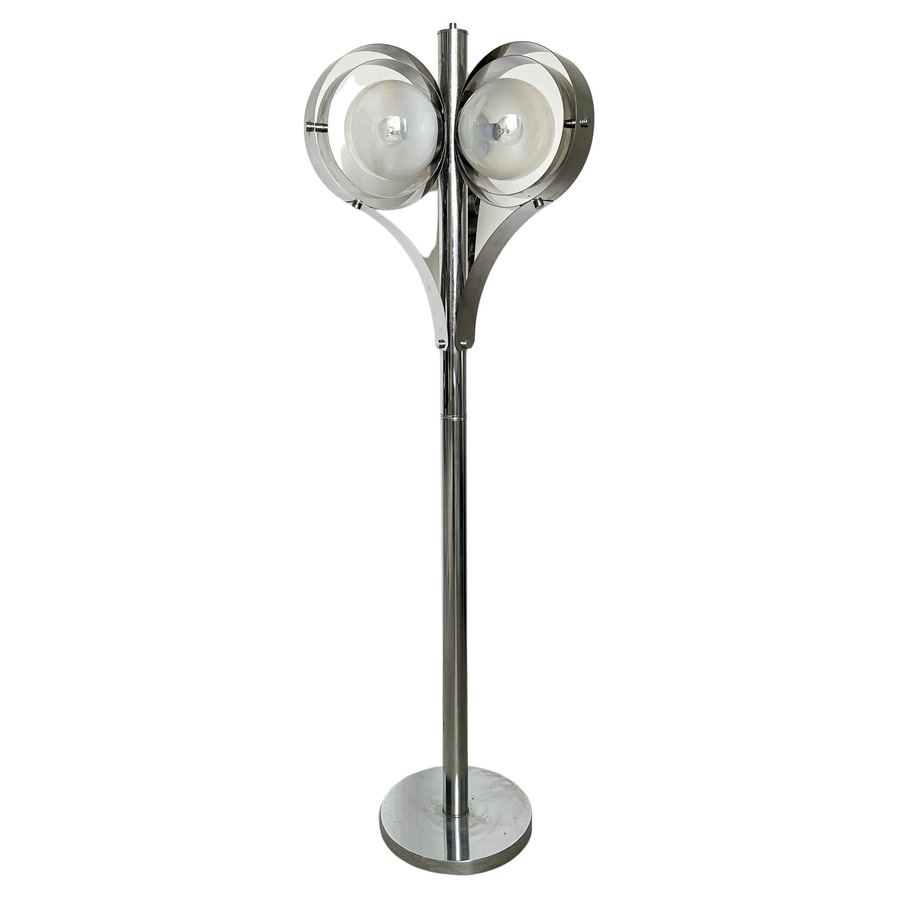 Vintage Space Age floor lamp in chromed metal with three ribbon lightshades For Sale