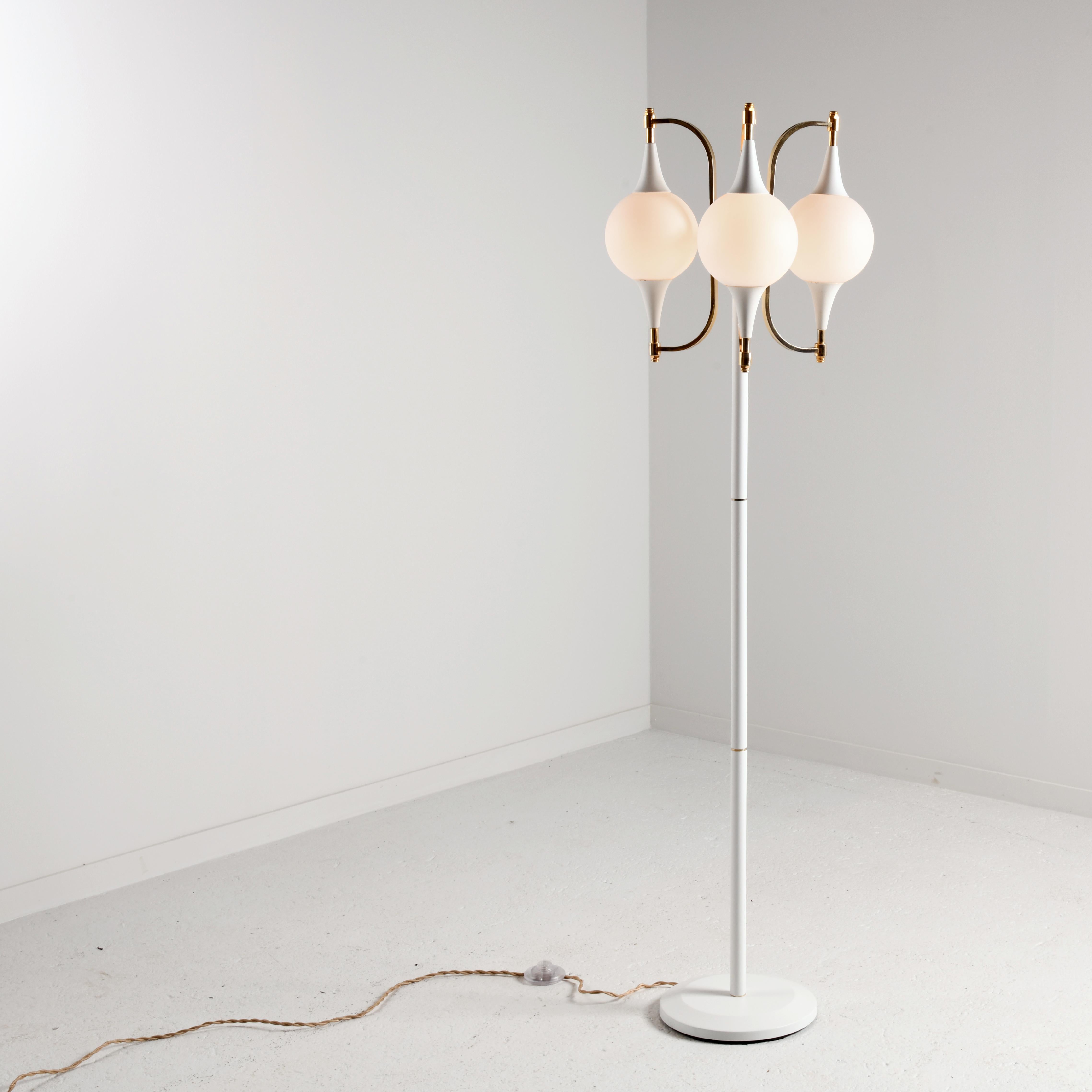 Space Age Vintage space age lamp floor, white iron and glass with brass parts, 3 lights For Sale