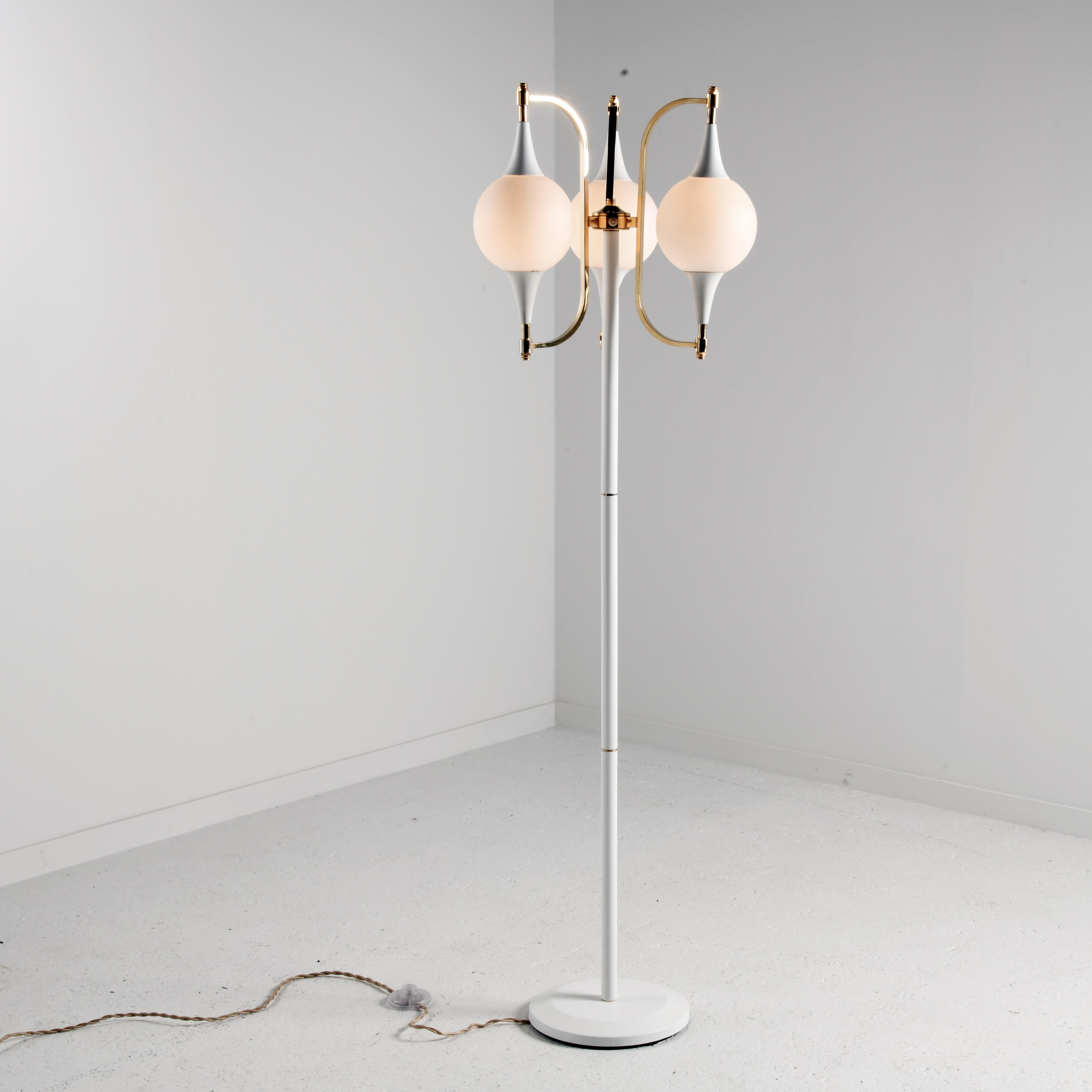 French Vintage space age lamp floor, white iron and glass with brass parts, 3 lights For Sale