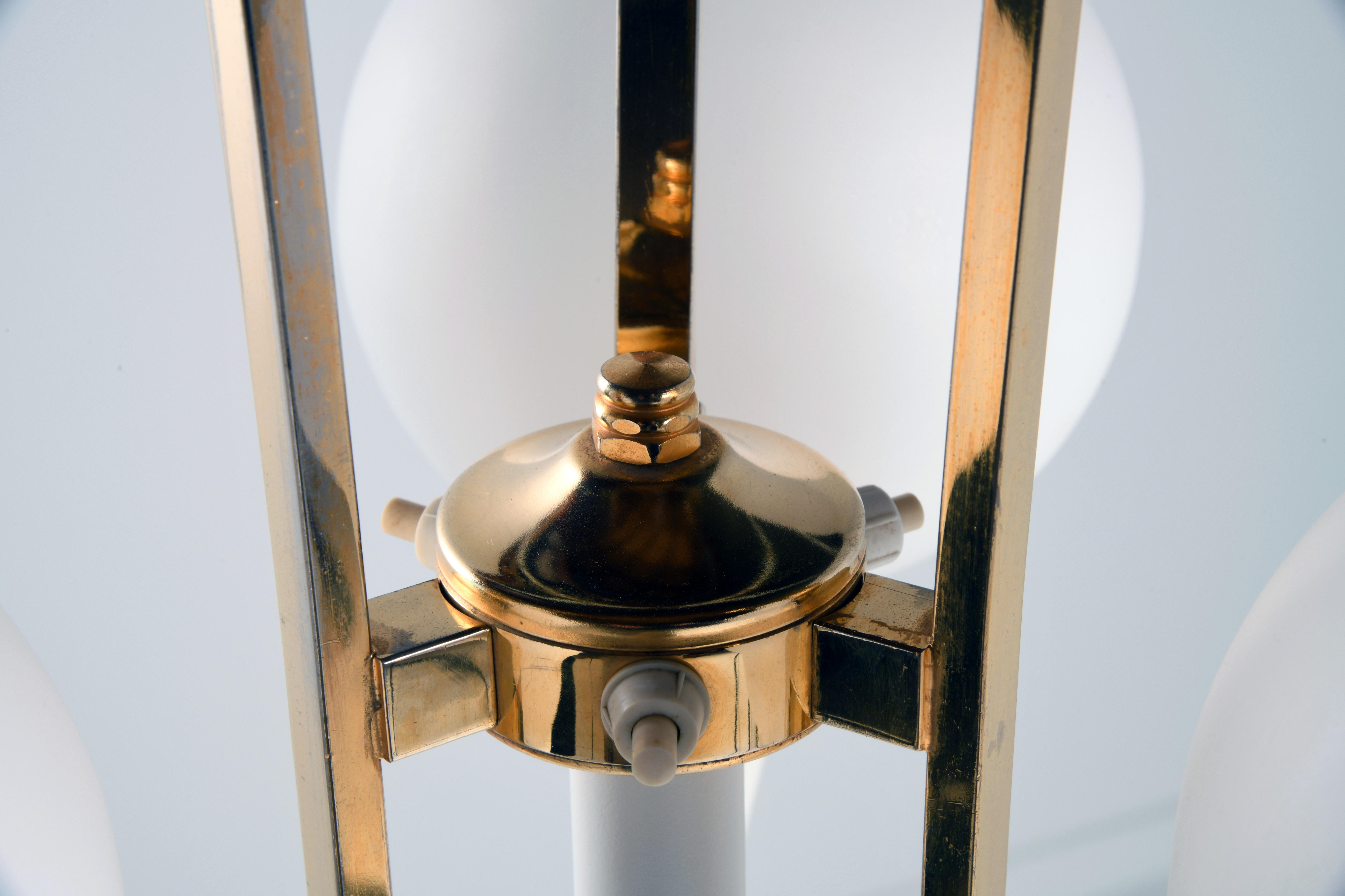Brass Vintage space age lamp floor, white iron and glass with brass parts, 3 lights For Sale