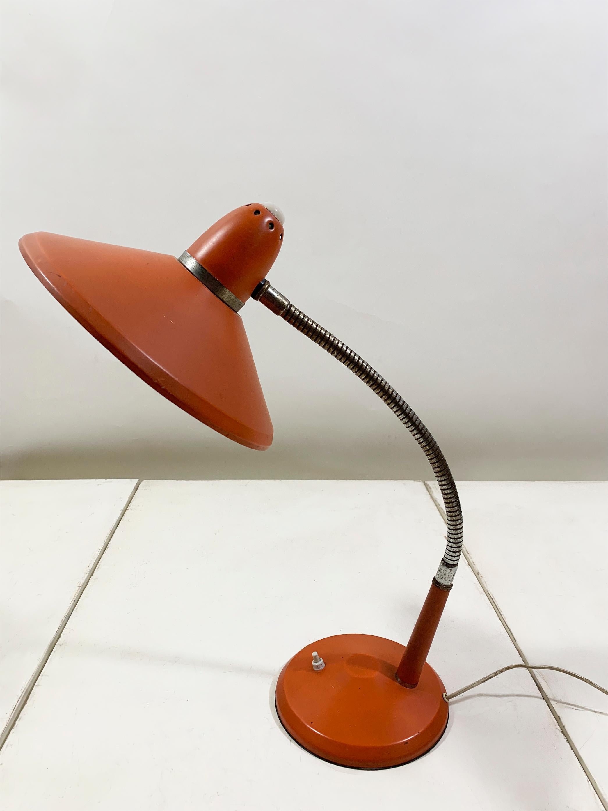 French Vintage Space Age Orange Desk Lamp with Adjustable Gooseneck Arm, Circa 1960's For Sale