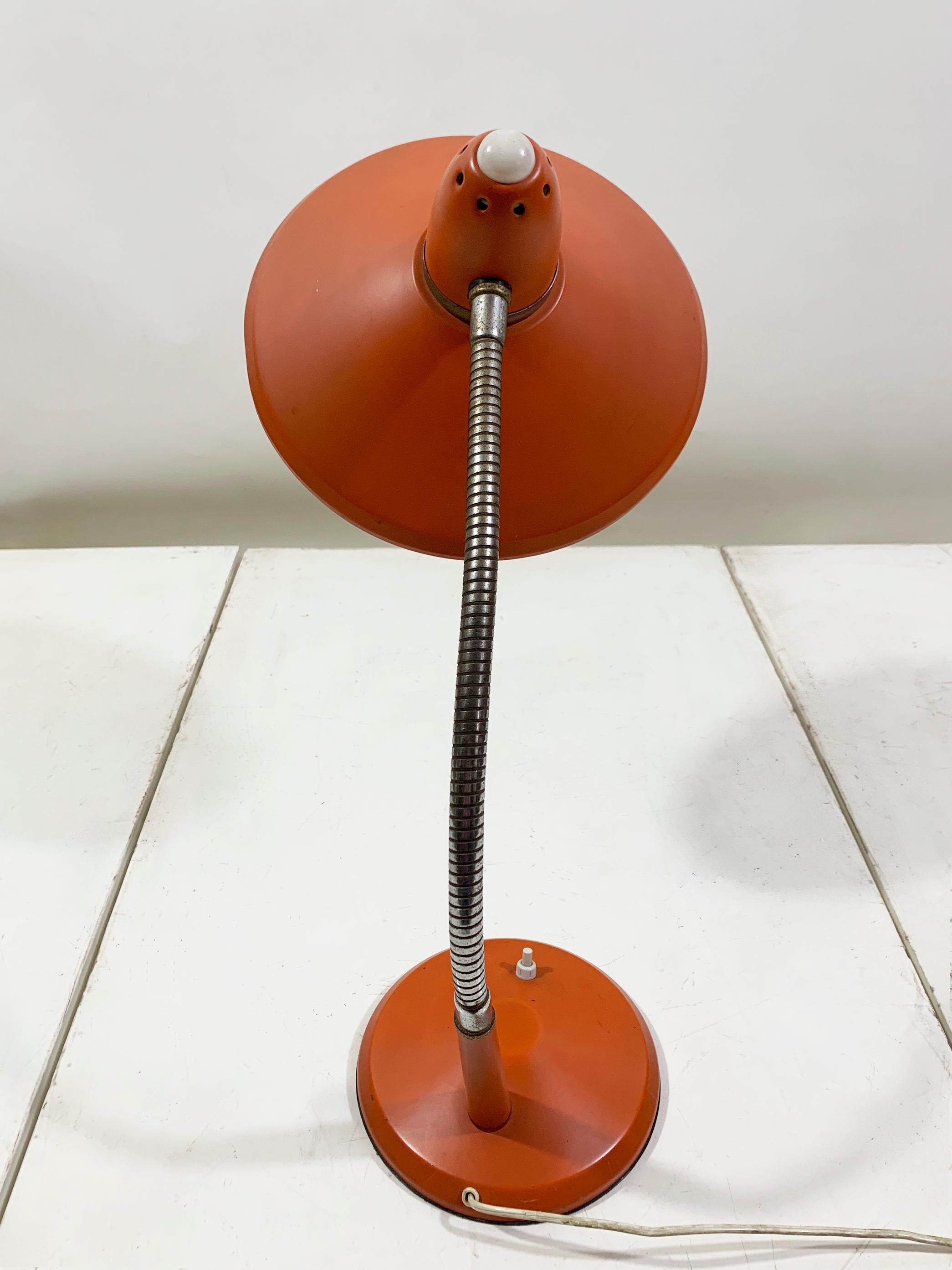 Metal Vintage Space Age Orange Desk Lamp with Adjustable Gooseneck Arm, Circa 1960's For Sale