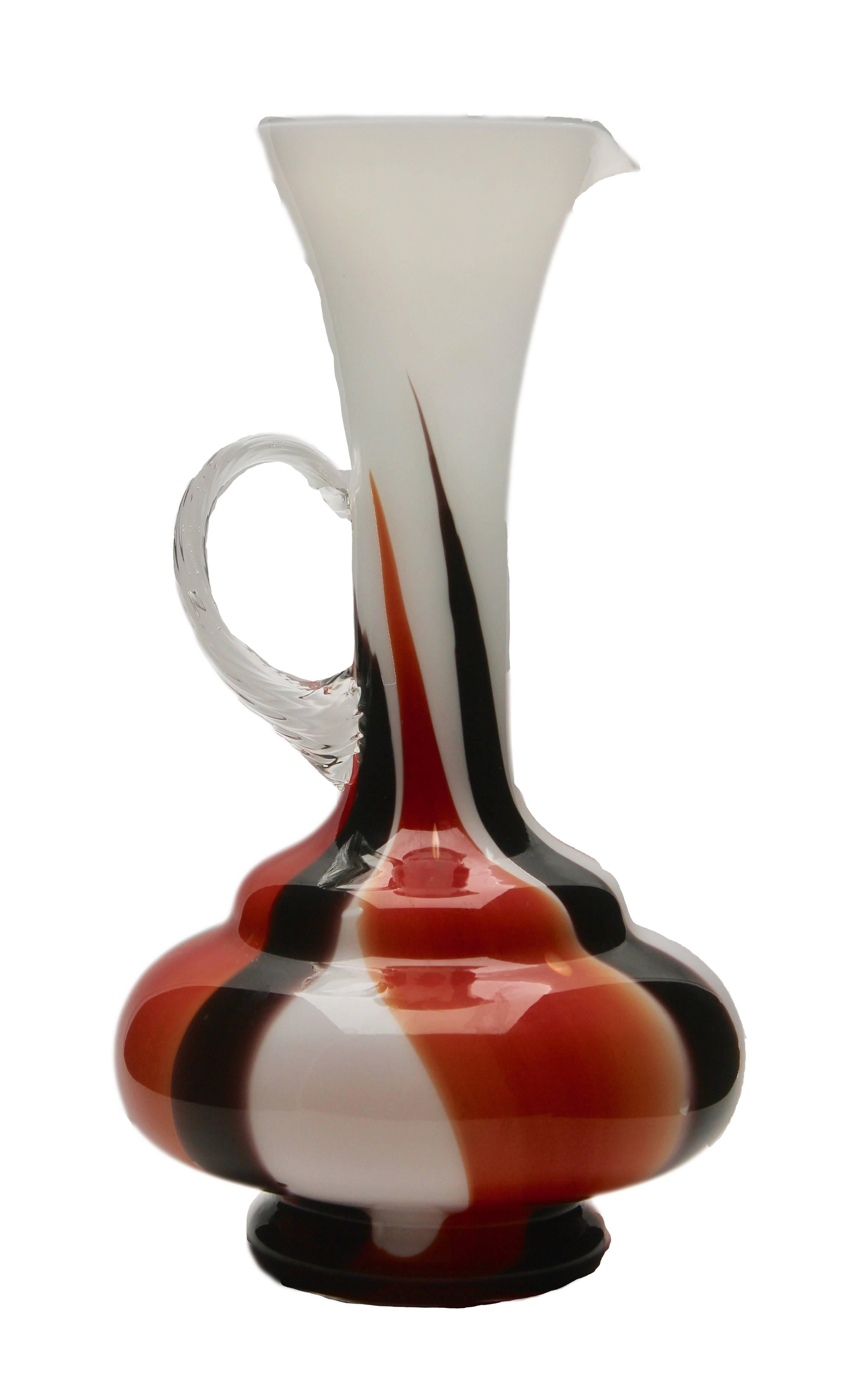 Vintage pitcher vase by Opaline di Florence. High contrast black red and white decor
This is a rare color and size, a must have for any collector.
Looks simply stunning.
 

    

    
  