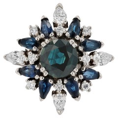 Vintage Space Age Sapphire and Diamond Cluster 18k White Gold Ring