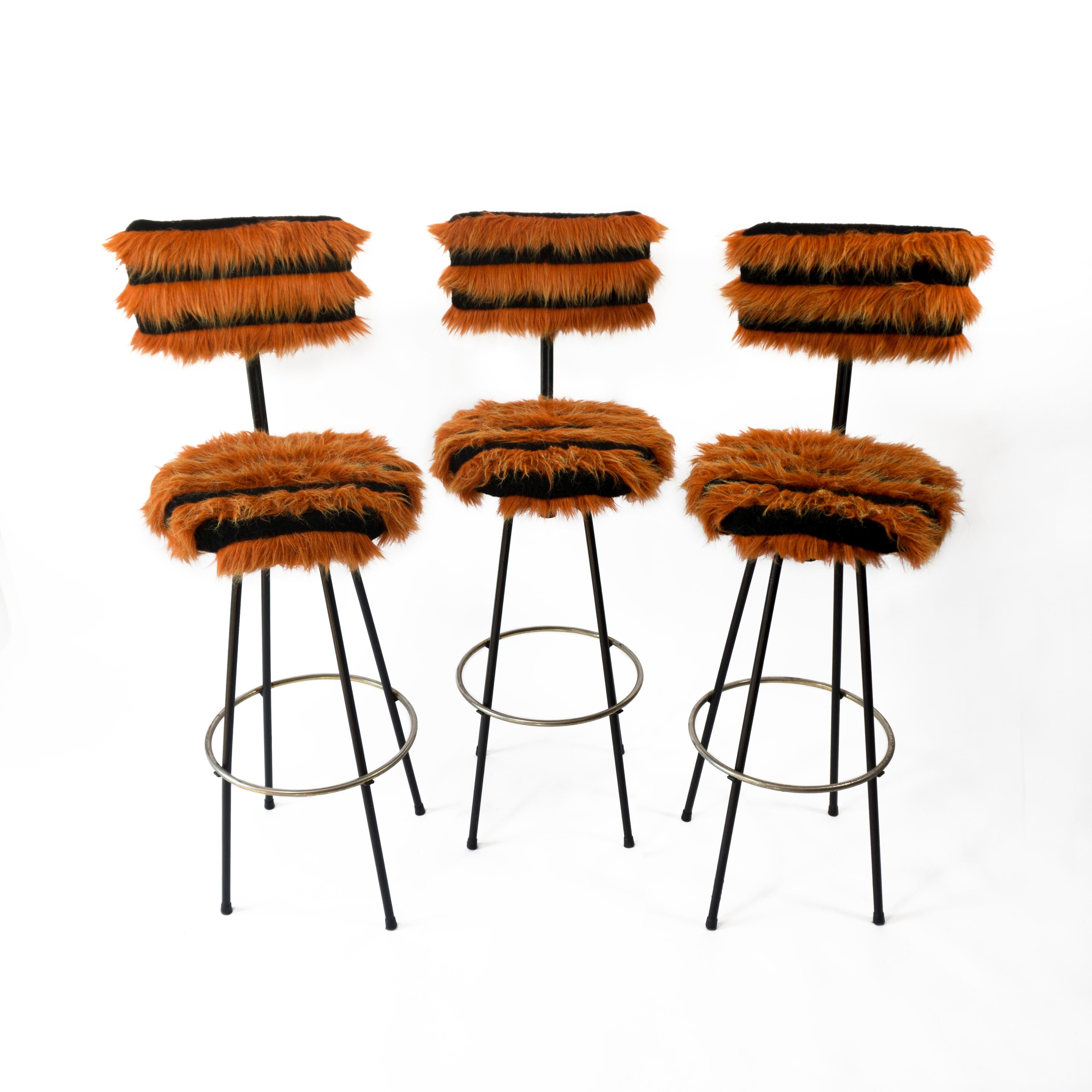 Mid-Century Modern Vintage Space Age Set of 3 Funky Swivel Chairs Bar Stools with Iron Base