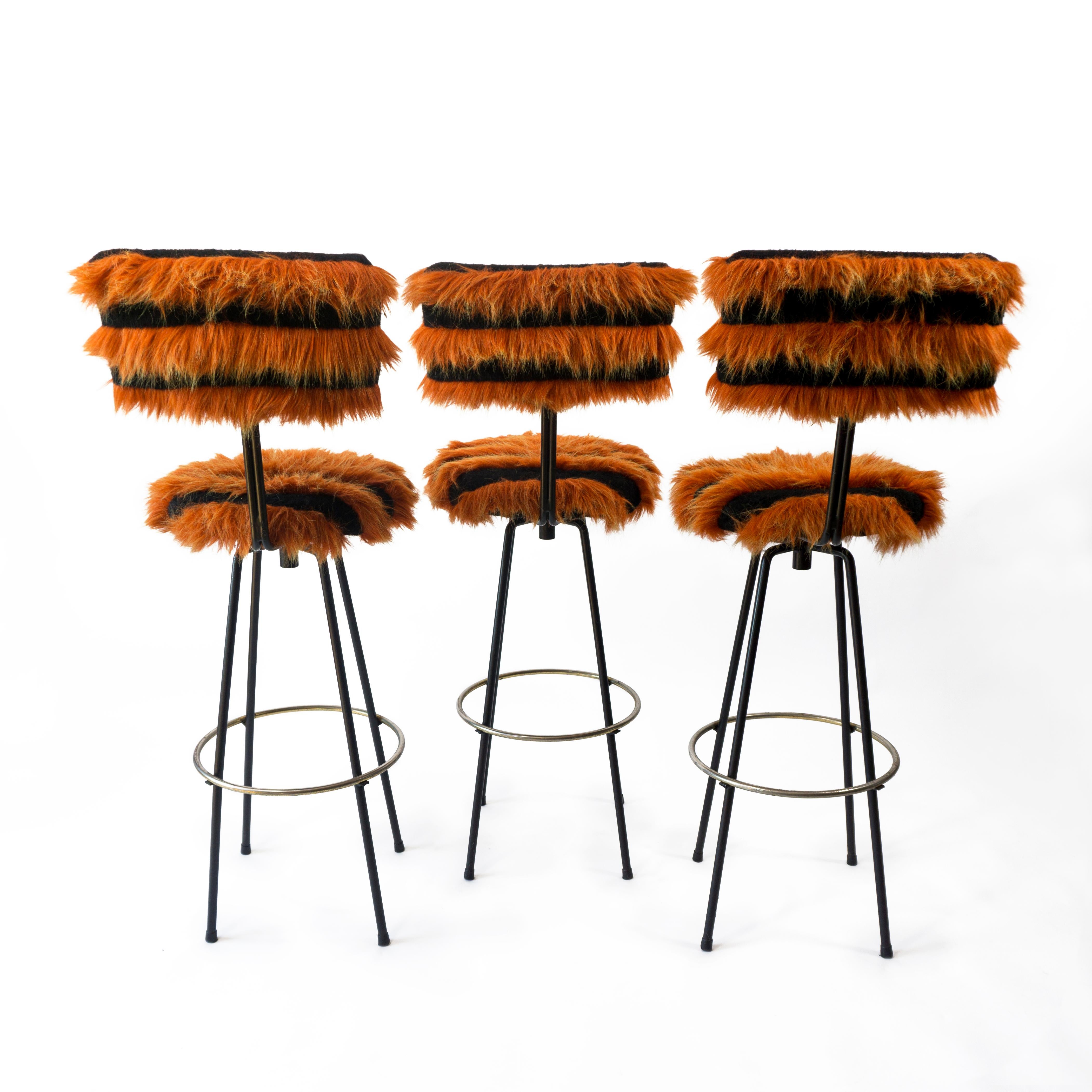 German Vintage Space Age Set of 3 Funky Swivel Chairs Bar Stools with Iron Base