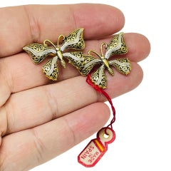 Vintage SPAIN damascene gold tone black butterfly designer brooch