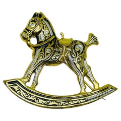 Vintage SPAIN damascene gold tone black designer swinging horse brooch Vintage SPAIN damascene gold tone black designer swinging horse brooch