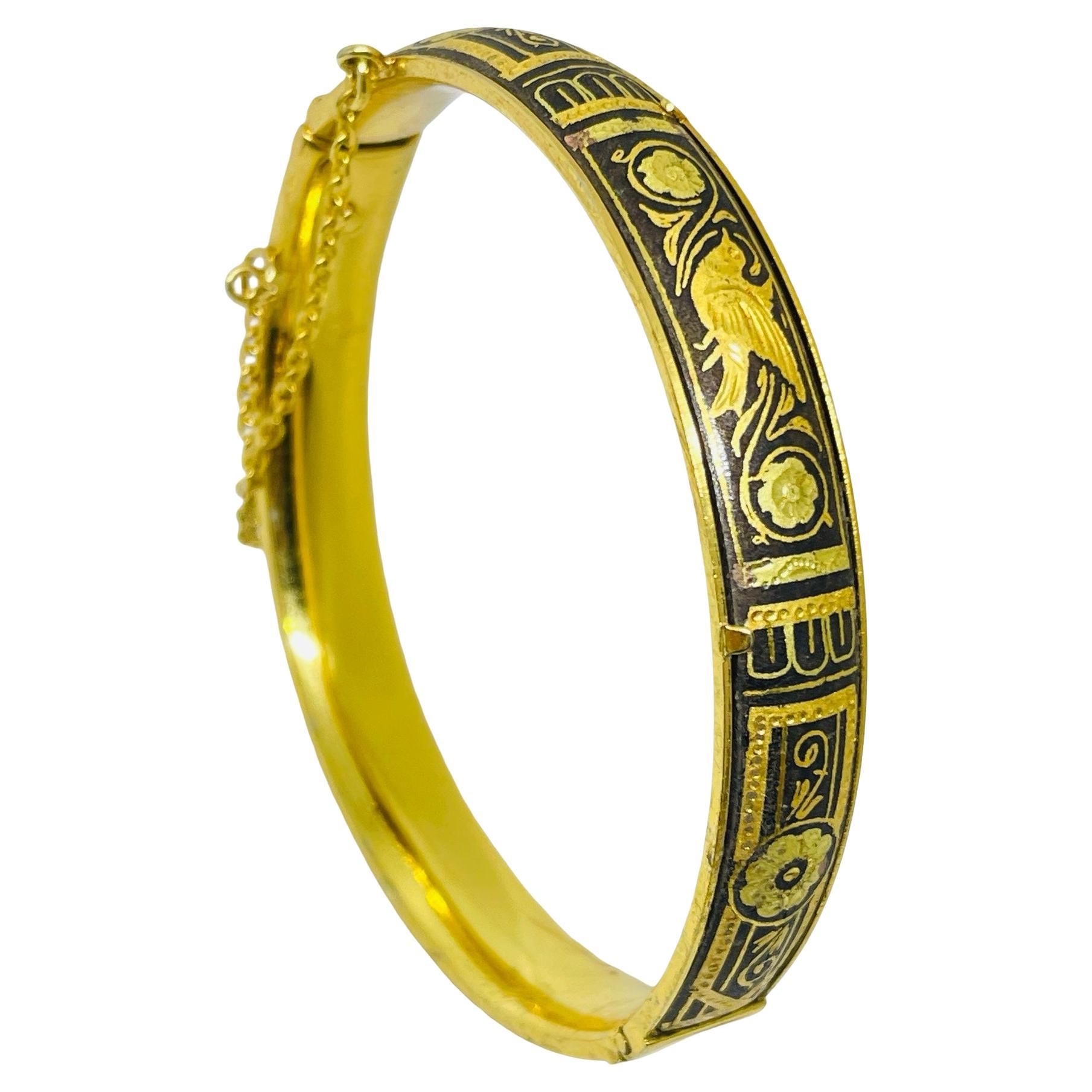 Vintage SPAIN damascene gold tone black inlay designer bangle bracelet For Sale