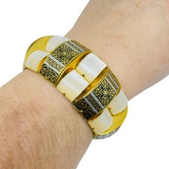 Vintage SPAIN damascene gold tone black panel faux pearl link designer bracelet