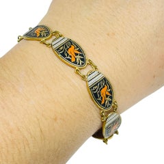 Vintage SPAIN damascene gold tone black panel link designer bracelet