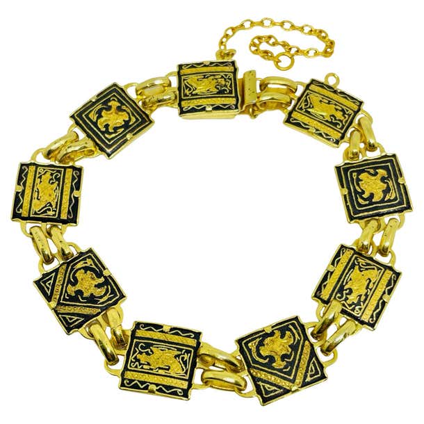 Vintage SPAIN damascene gold tone black panel link designer bracelet ...