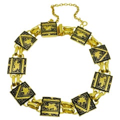 Vintage SPAIN damascene gold tone black panel link designer bracelet